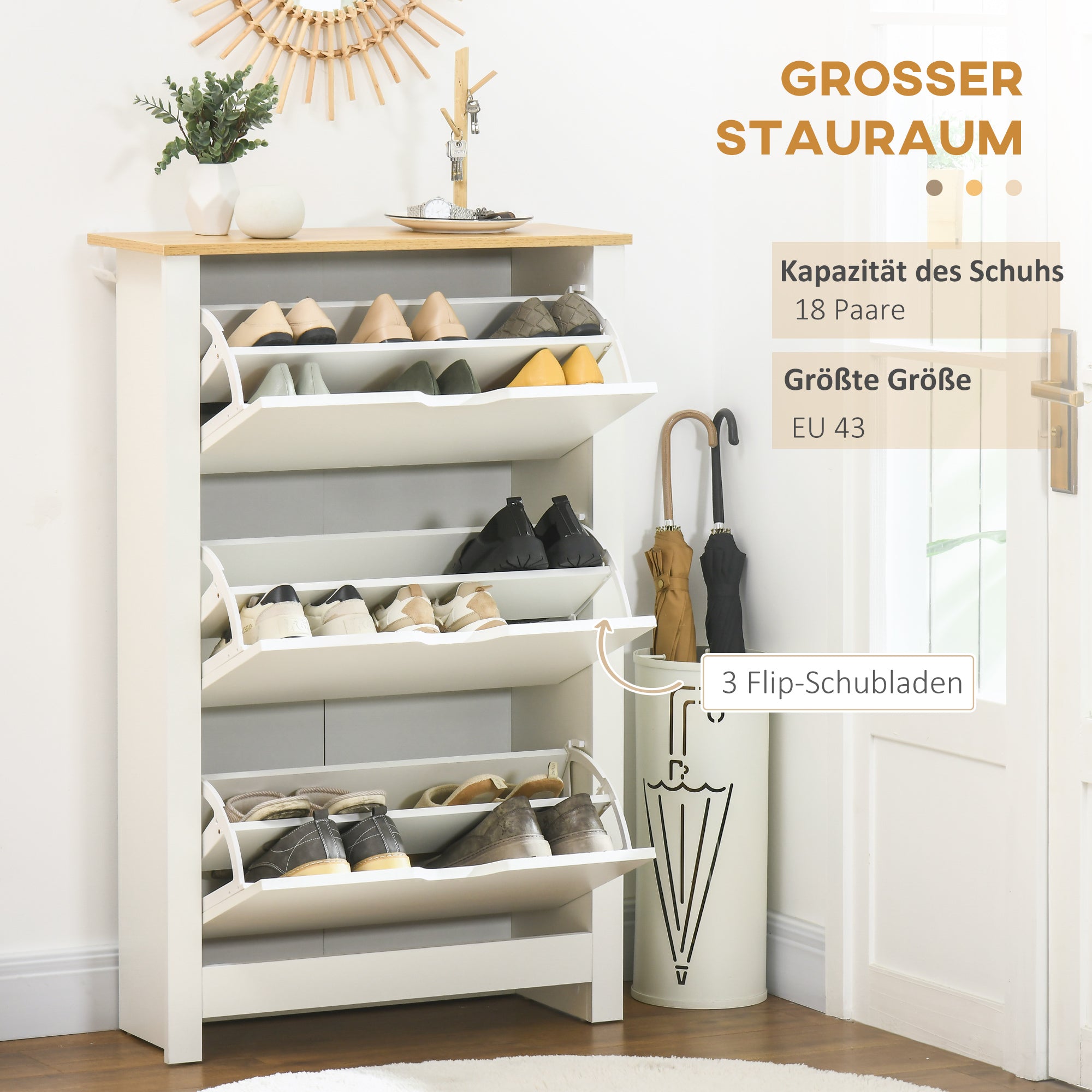 HOMCOM Schuhschrank Schruhregal Schuhaufbewahrung, 3 Fächer, 18 Paar Schuhe,  72 cm x 26 cm x 112 cm, Weiß + Braun