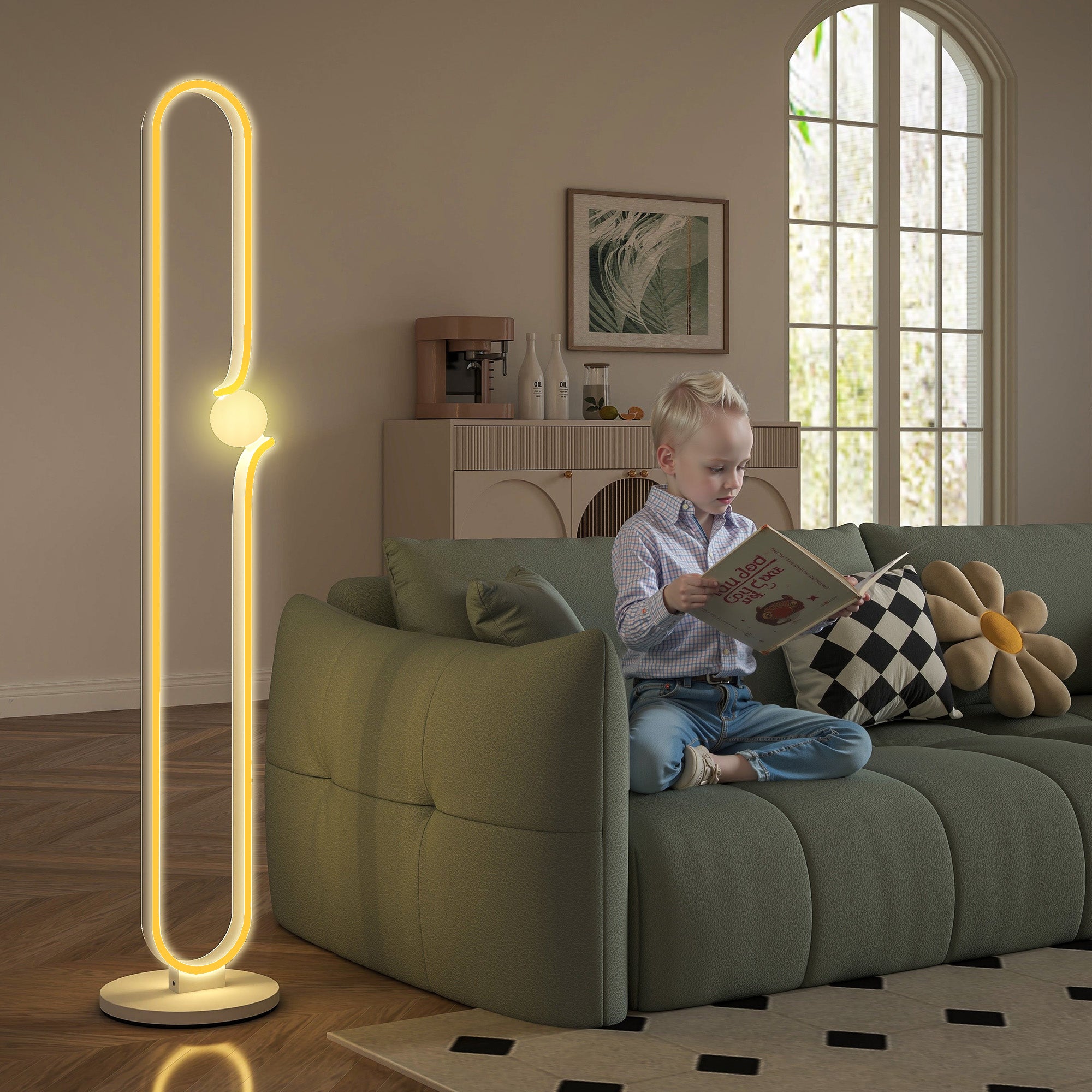 HOMCOM LED-Bodenlampe, Musiknoten-Design, Glasschirm, Metall, Kunststoff, Weiß