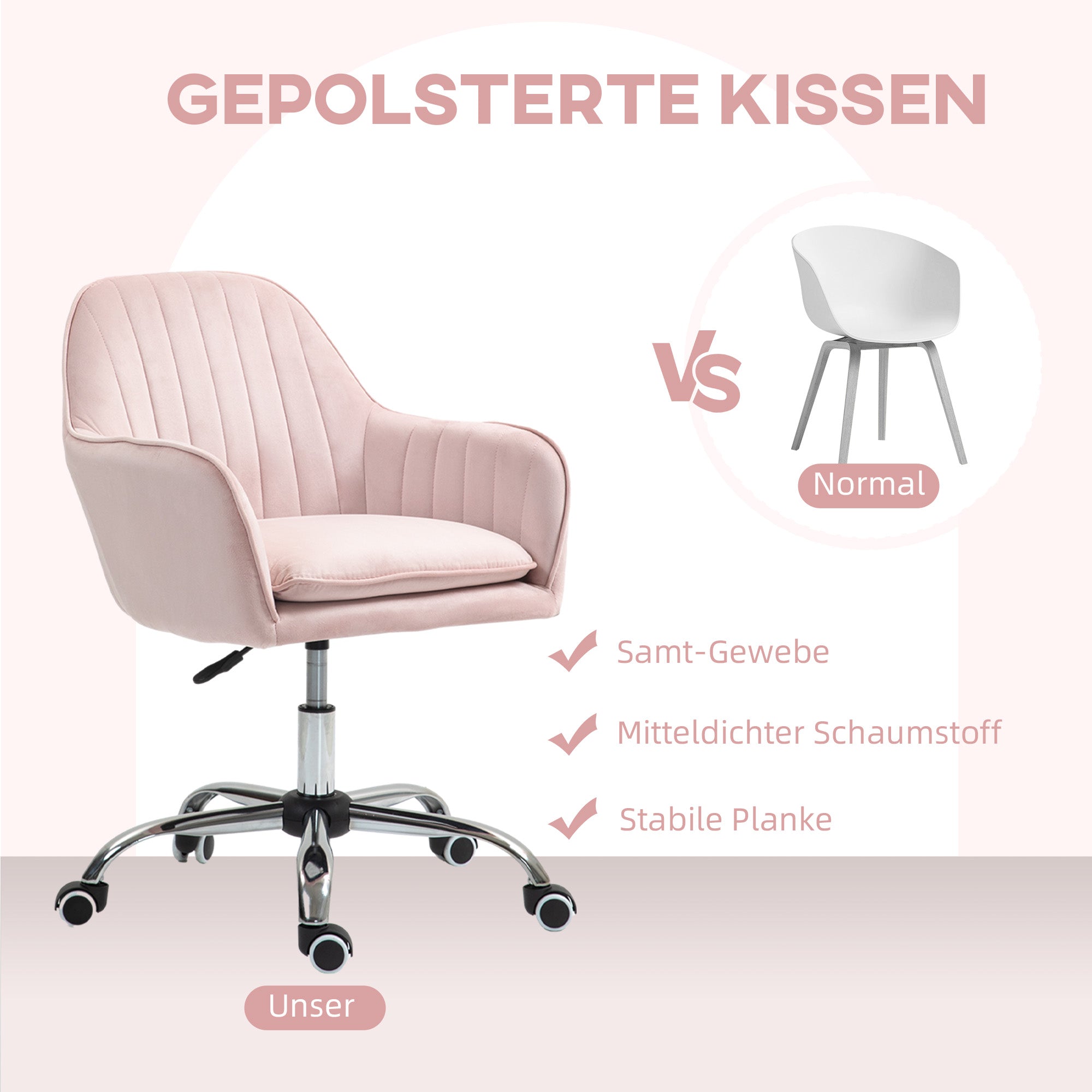 HOMCOM Schreibtischstuhl Höhenverstellbarer Bürostuhl Drehbar Homeoffice Stuhl mit Rücken- und Armlehne Rosa