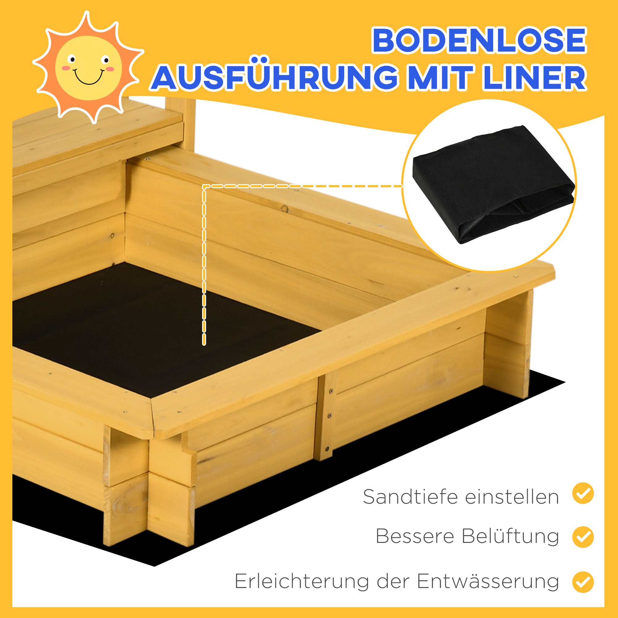 Outsunny Sandkasten Sandkasten mit Spielhaus Sandkasten mit Dach, 133 x 129 x 137, 5 cm, Natur + Blau