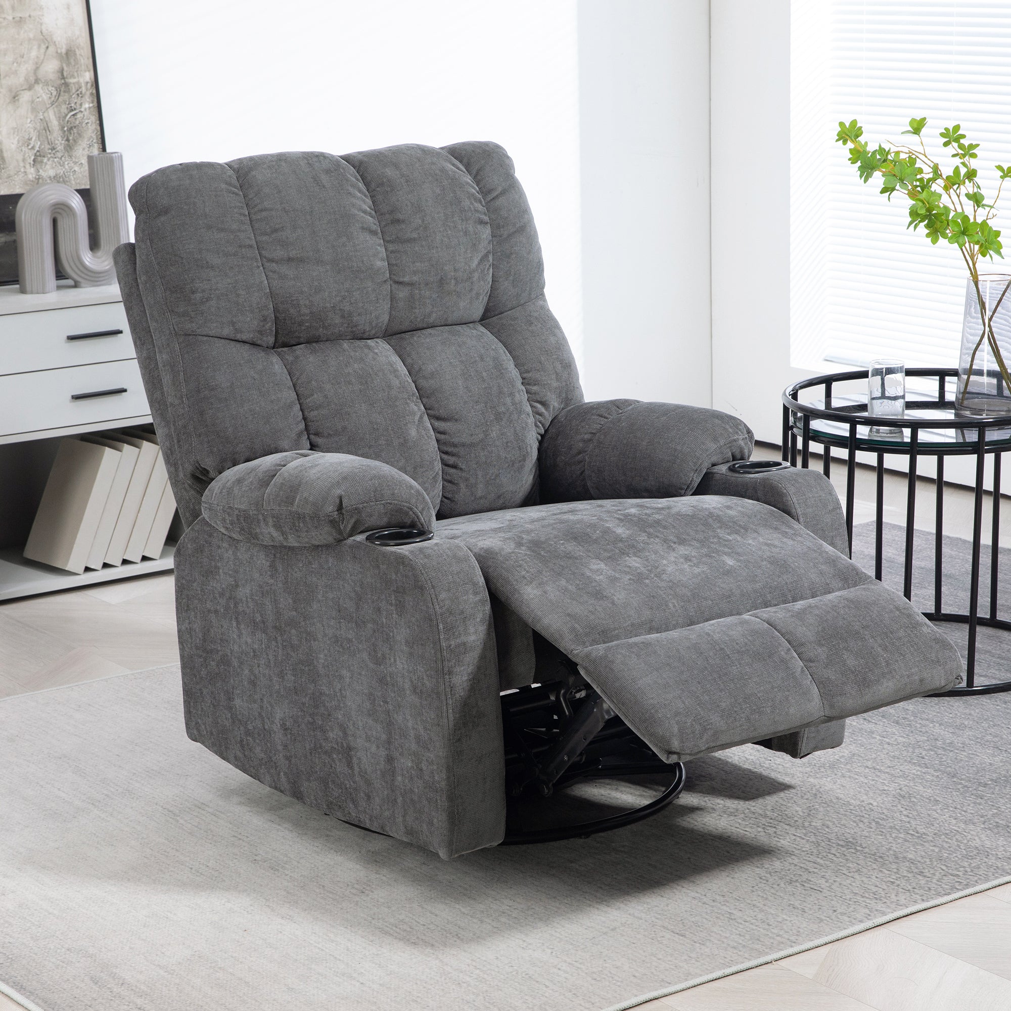 HOMCOM Relaxsessel mit Fußstütze, Liegesessel, drehbar, bis 150 kg, Stahlrahmen, 88x96x108cm, Dunkelgrau