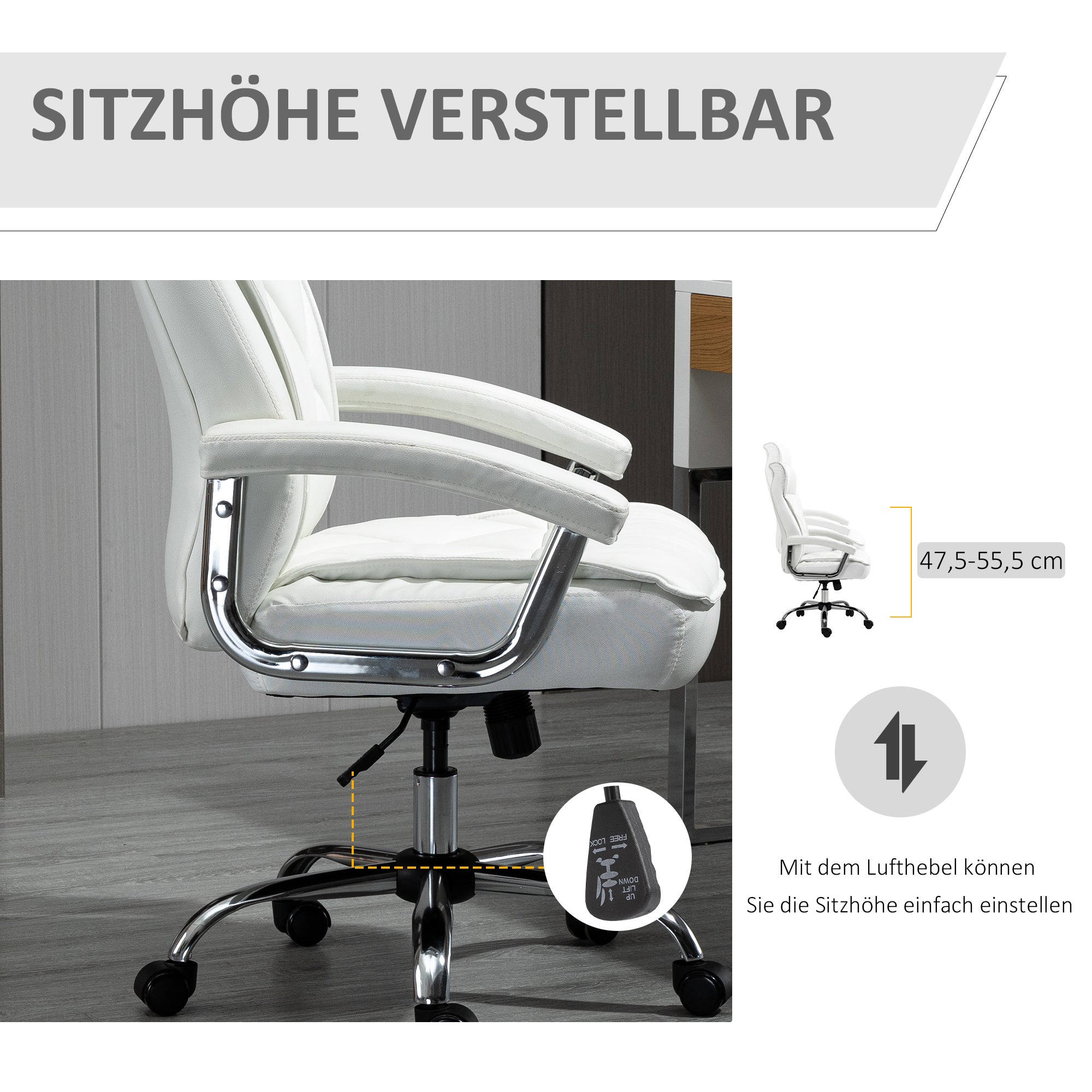 Vinsetto Bürostuhl, ergonomischer Schreibtischstuhl, höhenverstellbarer Drehstuhl mit Wippfunktion, Rautenmuster, Kunstleder, gepolsterter Chefsessel, Weiß