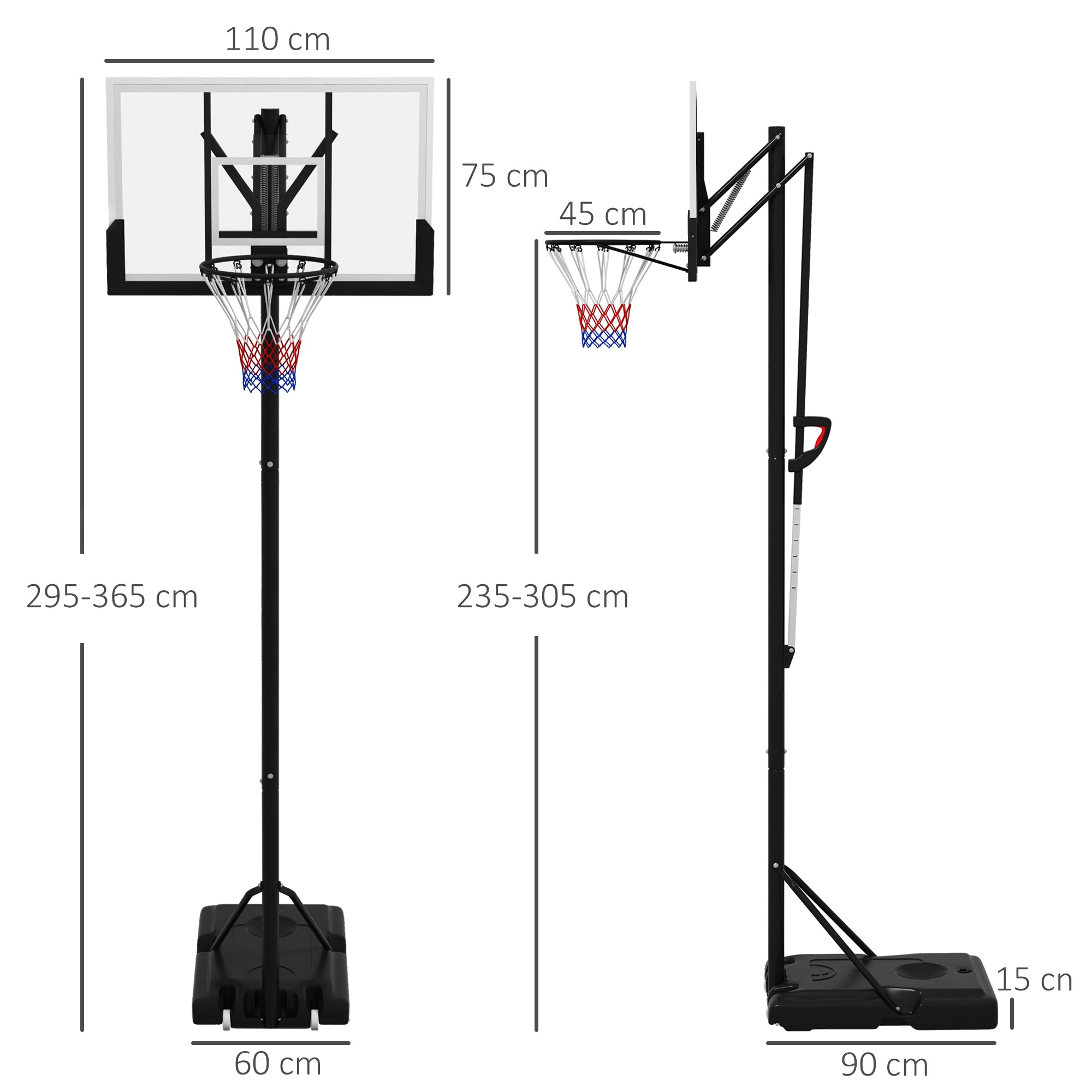 SPORTNOW Basketballständer, mobil, höhenverstellbar, bruchsichere Rückwand, 235-305 m Korbhöhe, Schwarz