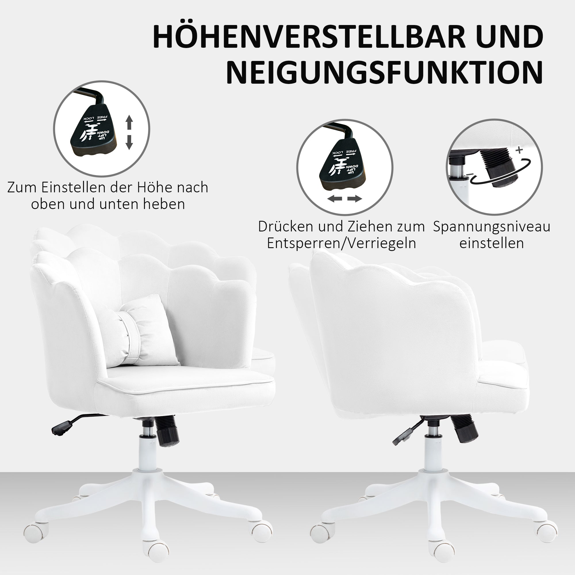 HOMCOM Bürostuhl mit Blütenblatt-Design, Schleifenkissen, weich gepolstert, Weiß
