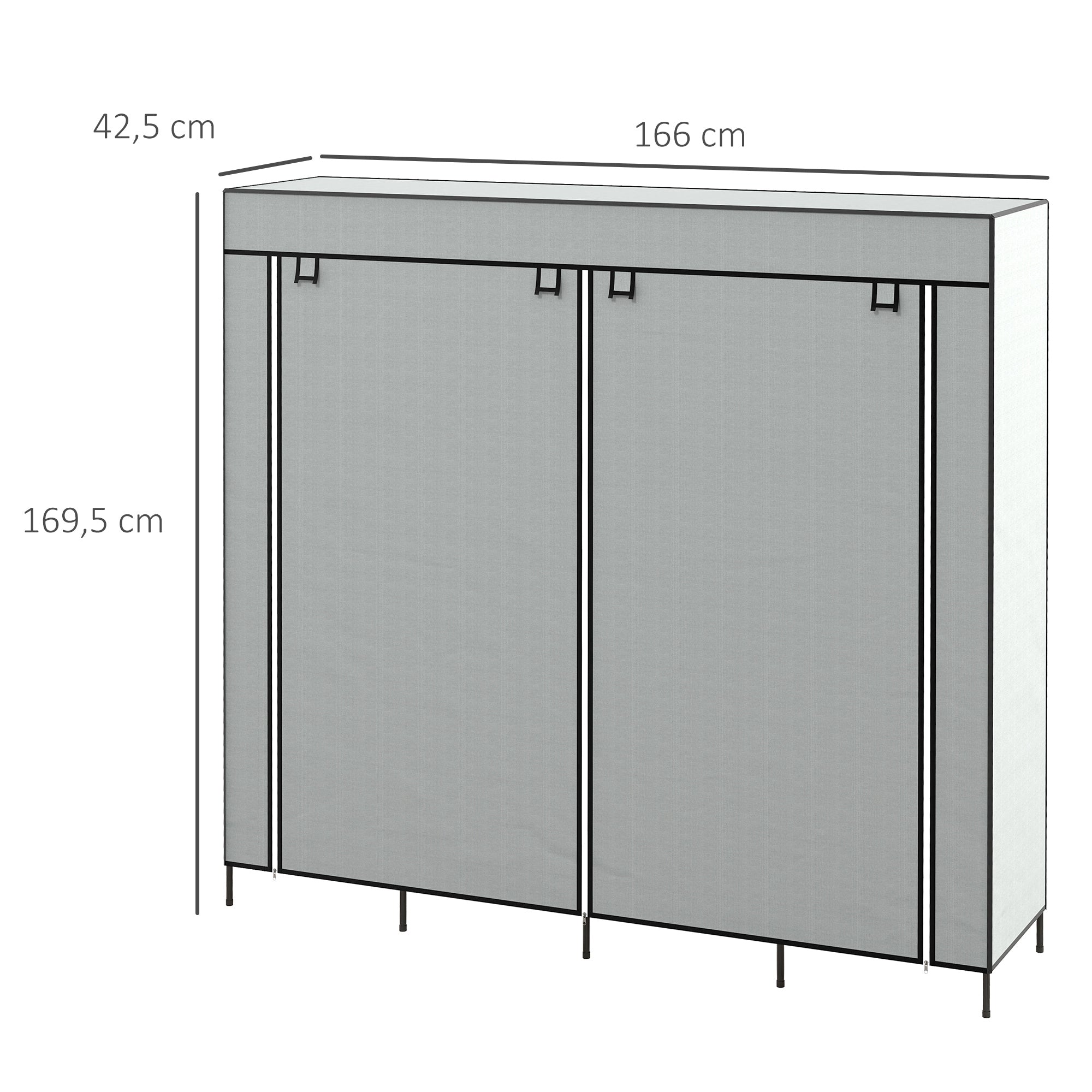 HOMCOM Kleiderschrank Stoffschrank, Türen, 2 Kleiderstangen, 10 Fächer, Grau