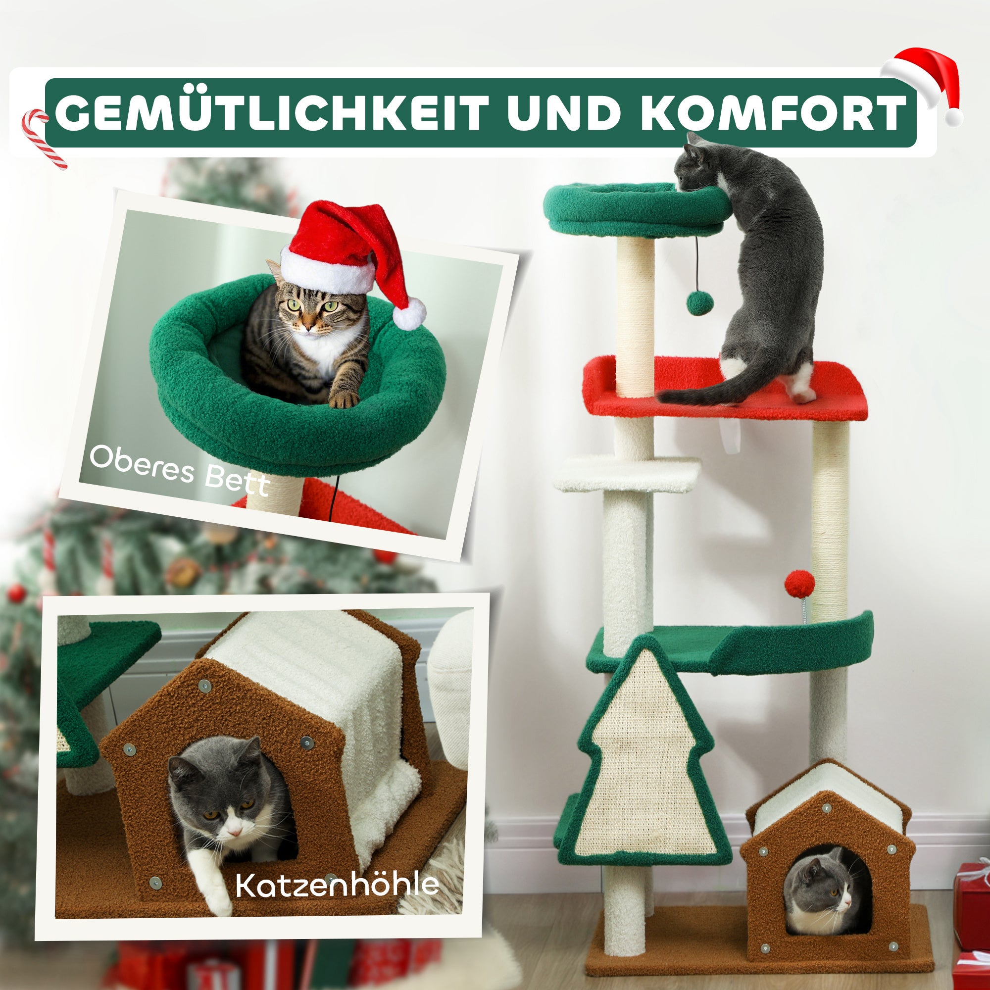 PawHut 135 cm Katzenkratzbaum in Weihnachtsfarben mit Katzenbett, Katzenhaus, Kratzpfosten, Sprungplattformen, Spielzeugbällen