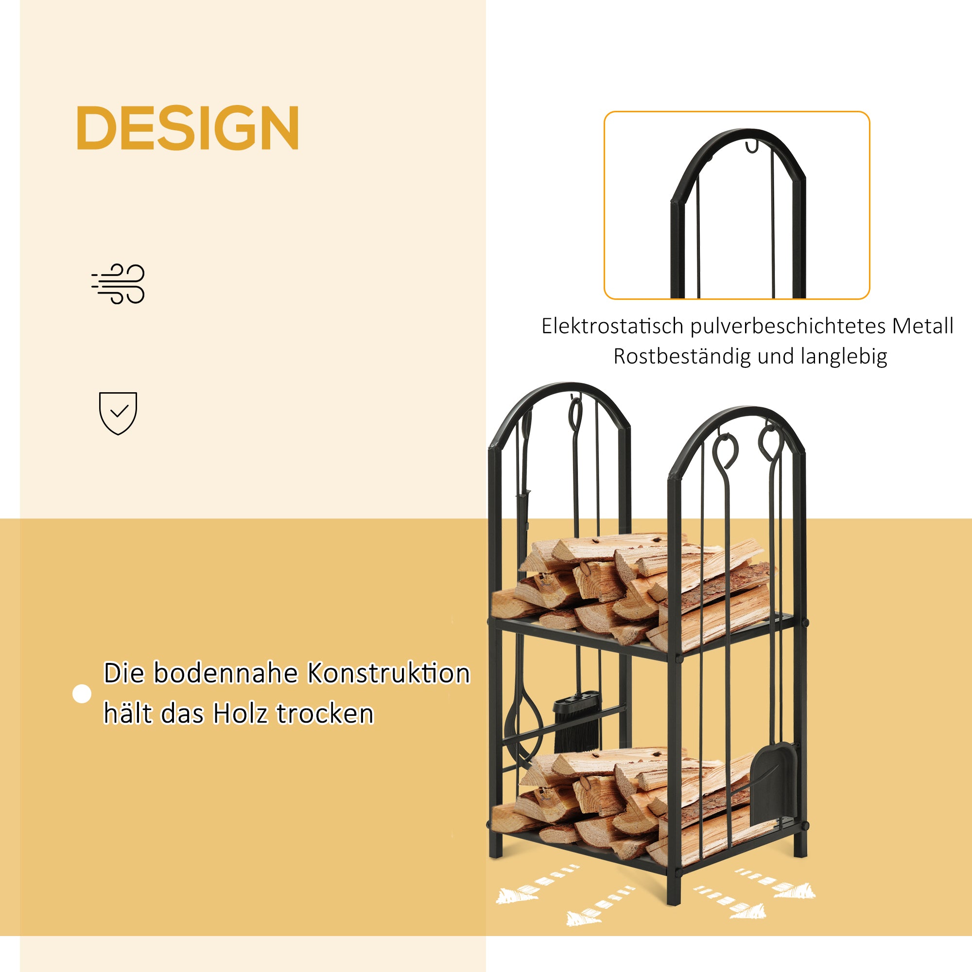 Outsunny kaminholzregal Kaminholzständer Brennholzregal mit 4 zusätzlichen Brennholzwerkzeugen Kaminbesteck 2-Ebenen-Design Feuerholzablage Kaminwerkzeug Metall Schwarz 41,5 x 32,5 x 74,5 cm