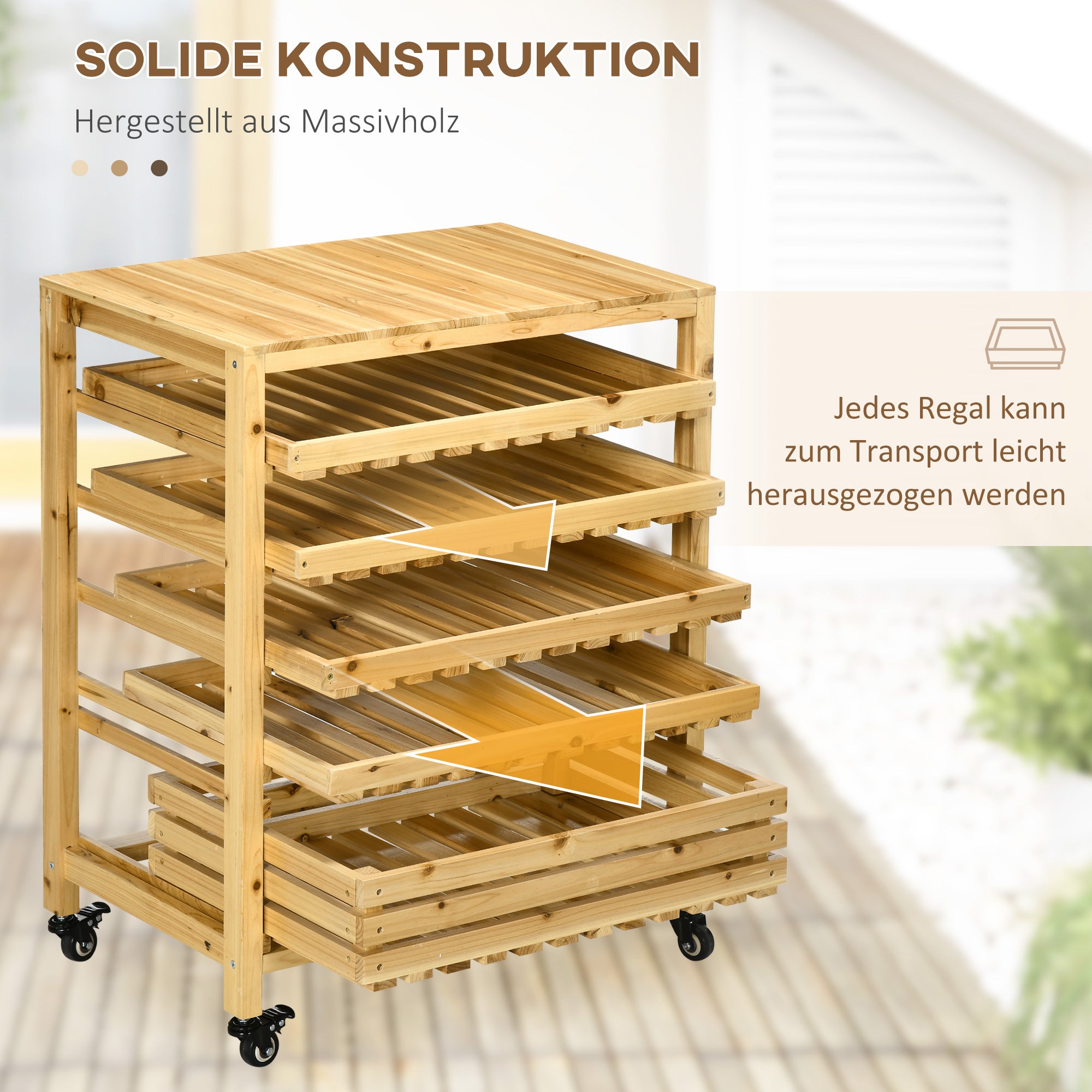 Outsunny Gemüsehorde mit 5 Regalen, Obstkiste, Gemüsekiste, wetterbeständig, 4 Rollen, 73 cm x 45 cm x 91 cm, Natur