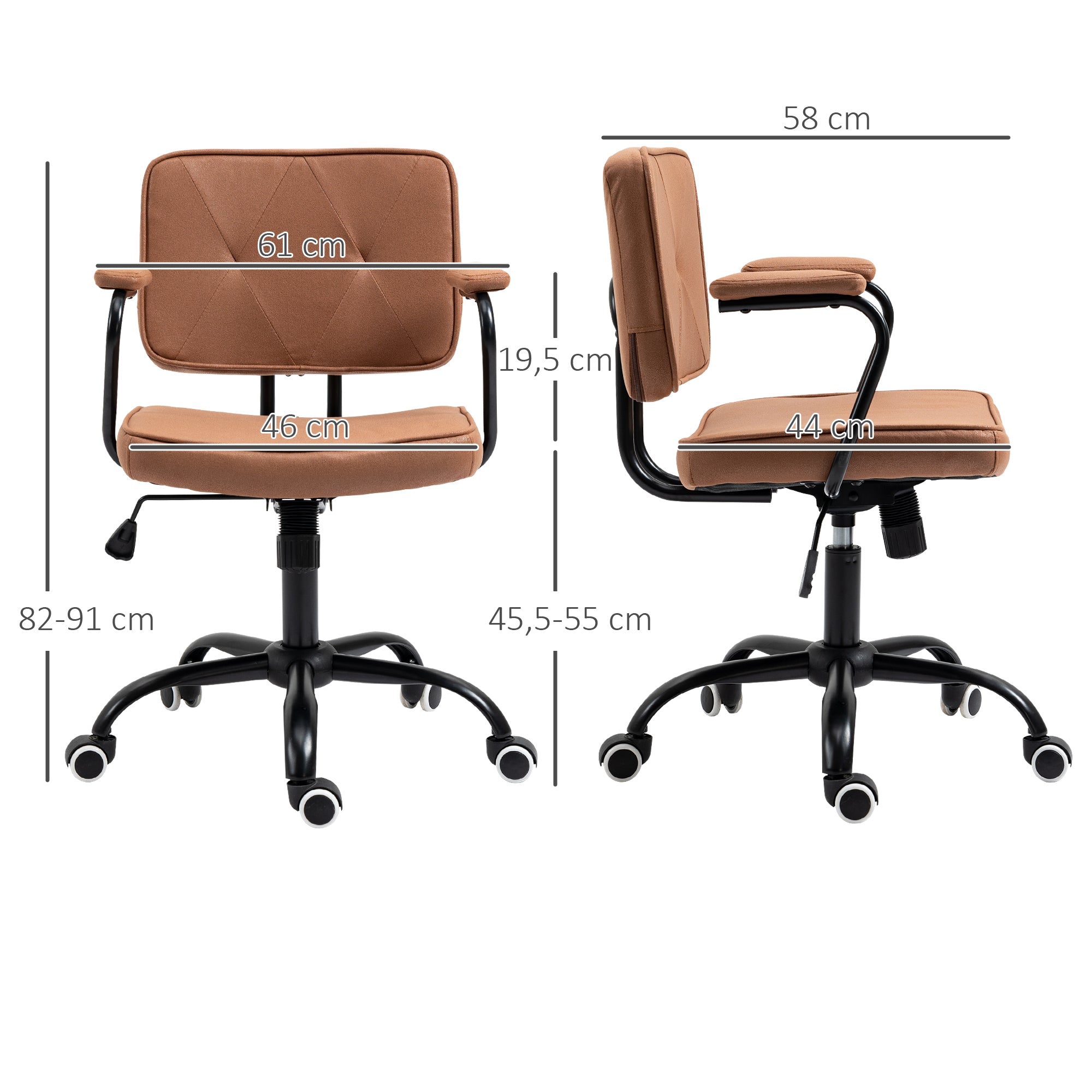 Vinsetto Bürostuhl mit Rollen Drehstuhl Schreibtischstuhl für Büro höhenverstellbar mit Wippfunktion 360°-Drehung neigbar Schaumstoff Braun 61 x 58 x 82-91 cm