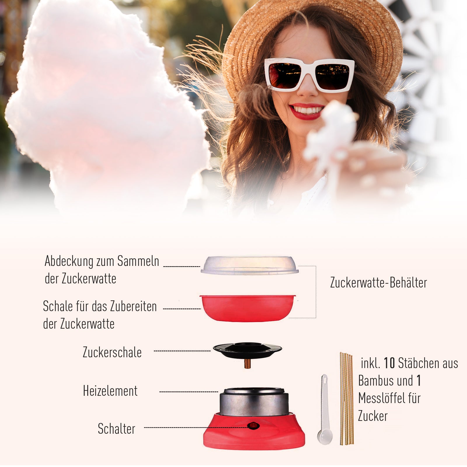 HOMCOM Zuckerwattemaschine, einfach zu bedienendes Zuckerwattegerät, für Erwachsene und Kinder, Edelstahl, PP, Rot