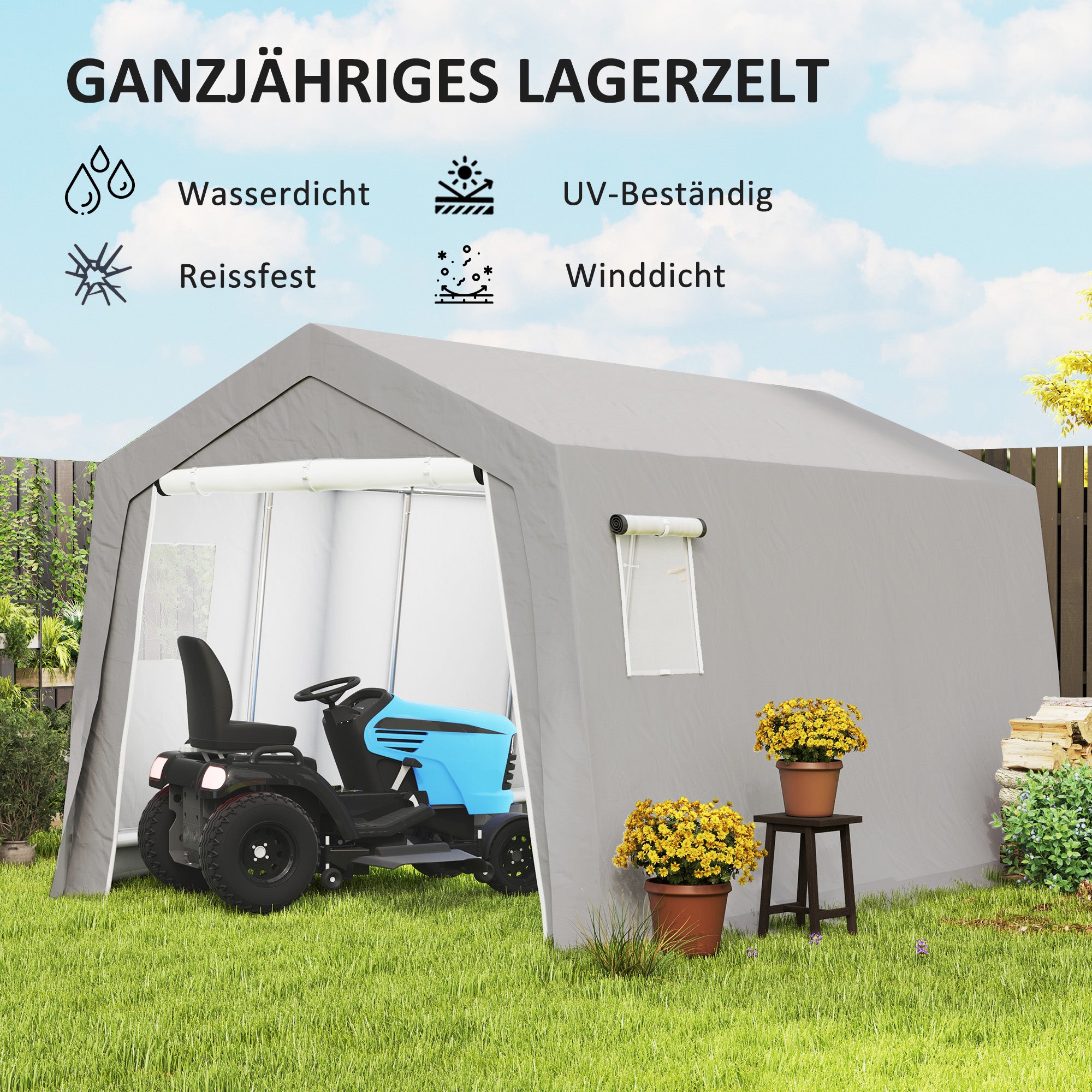 Outsunny Gerätehaus mit Satteldach wasserdicht Gerätezelt mit Türen, Fenster 300x447x255 cm, Hellgrau