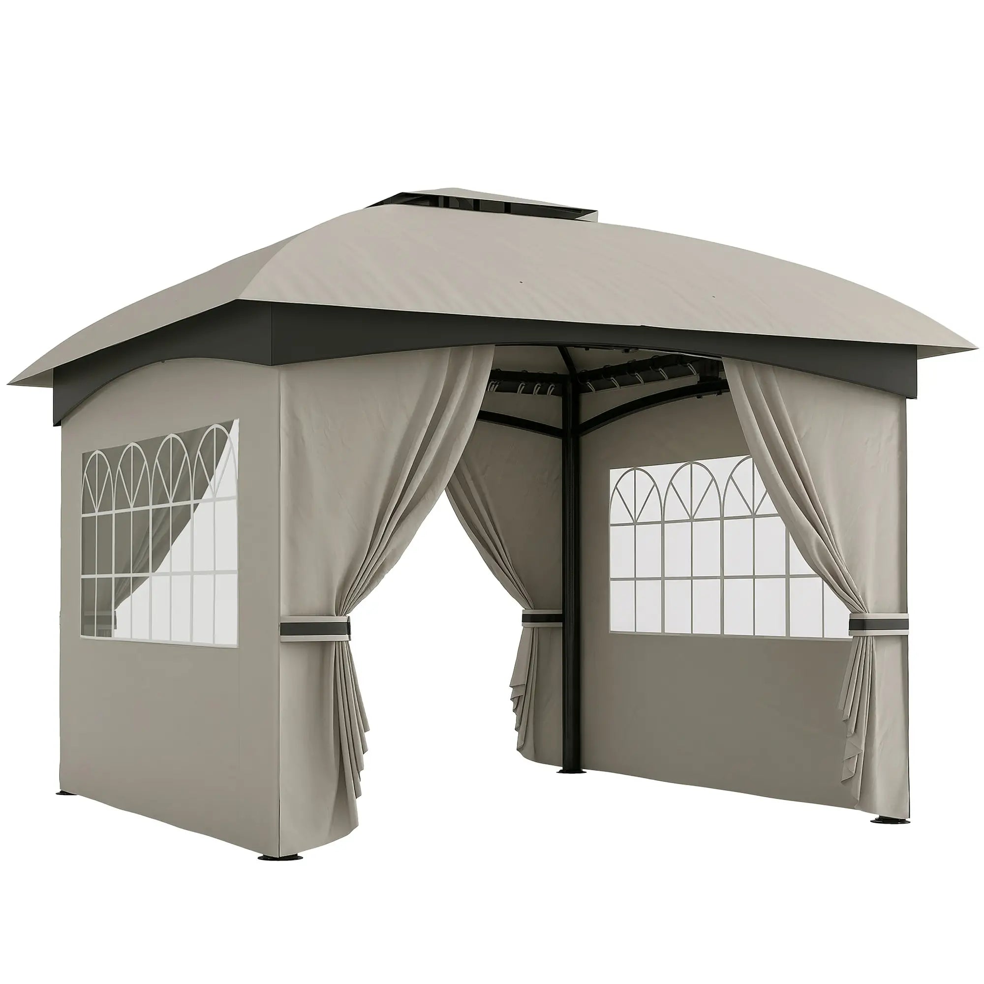 Outsunny 3,4 x 3,4 m Gartenpavillon, Bierzelt mit Lüftungsdach, Bogenfenstern, Stahlgestell, Hellgrau