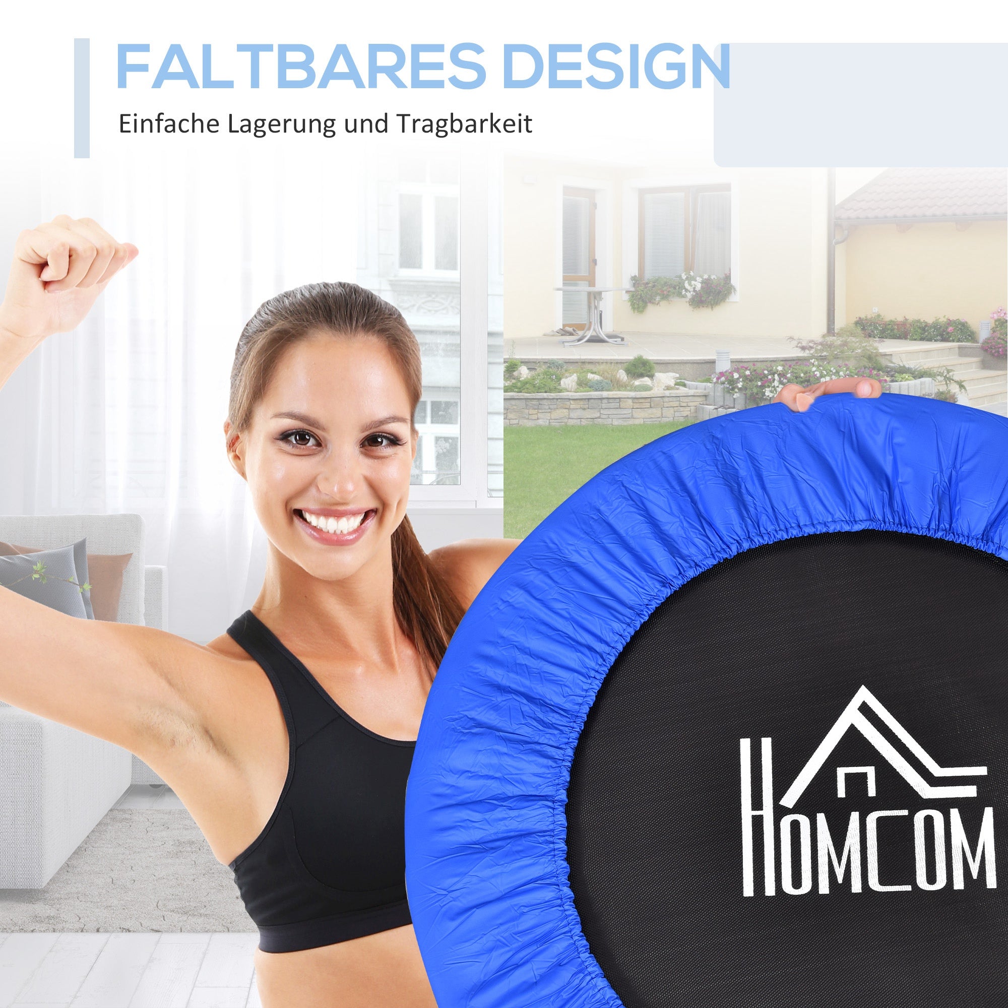 HOMCOM itness Trampolin Ø91 cm Mini Trampoline mit rutschfesten Füßen 100kg Belastbar Ø91 x 22,5H cm Schwarz+Blau