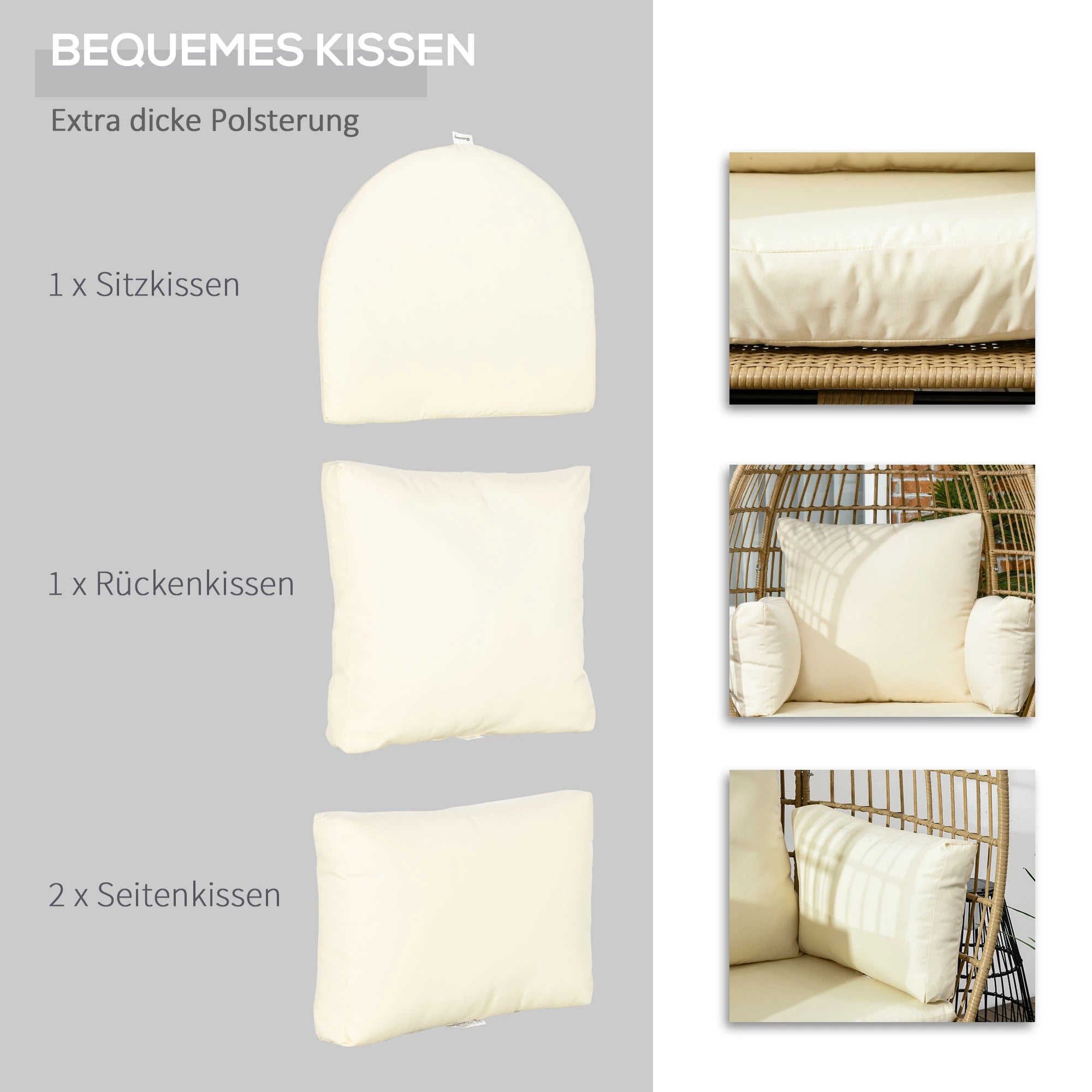 Outsunny Korbstuhl in Rattanoptik, weiche Sitzkissen, Aluminiumrahmen, khaki+beige, 105 x 90 x 148 cm