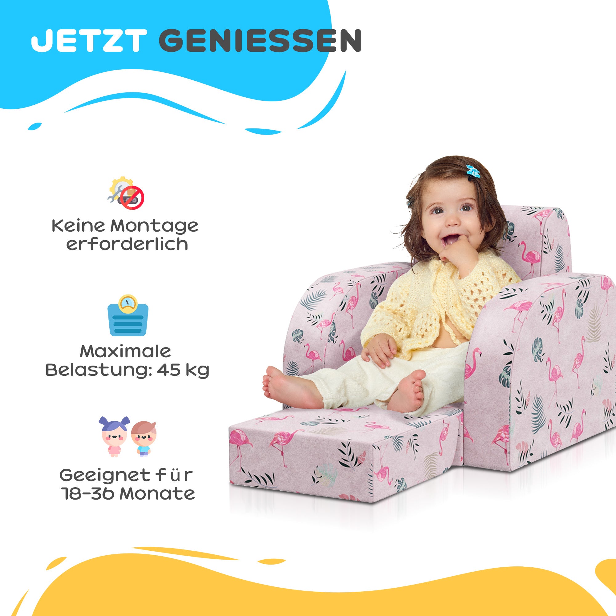 AIYAPLAY Kindersessel mit Bettfunktion, bis 3 Jahre/45 kg, Flamingo-Muster, 46,5x93x28,5 cm, Rosa