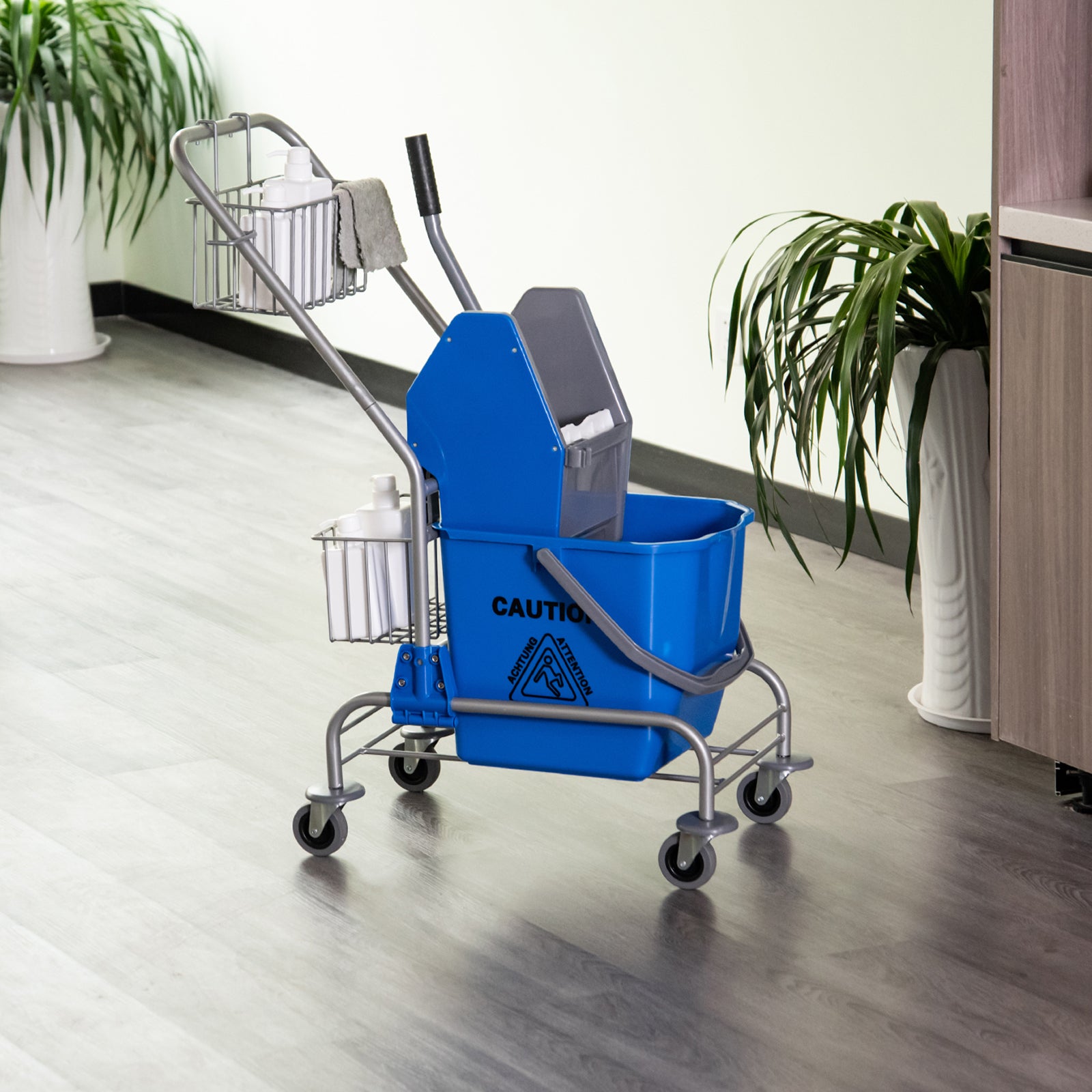 HOMCOM Reinigungseimer, Wischmoppeimer, rollbar, Kunststoff, Metallgriff, Blau
