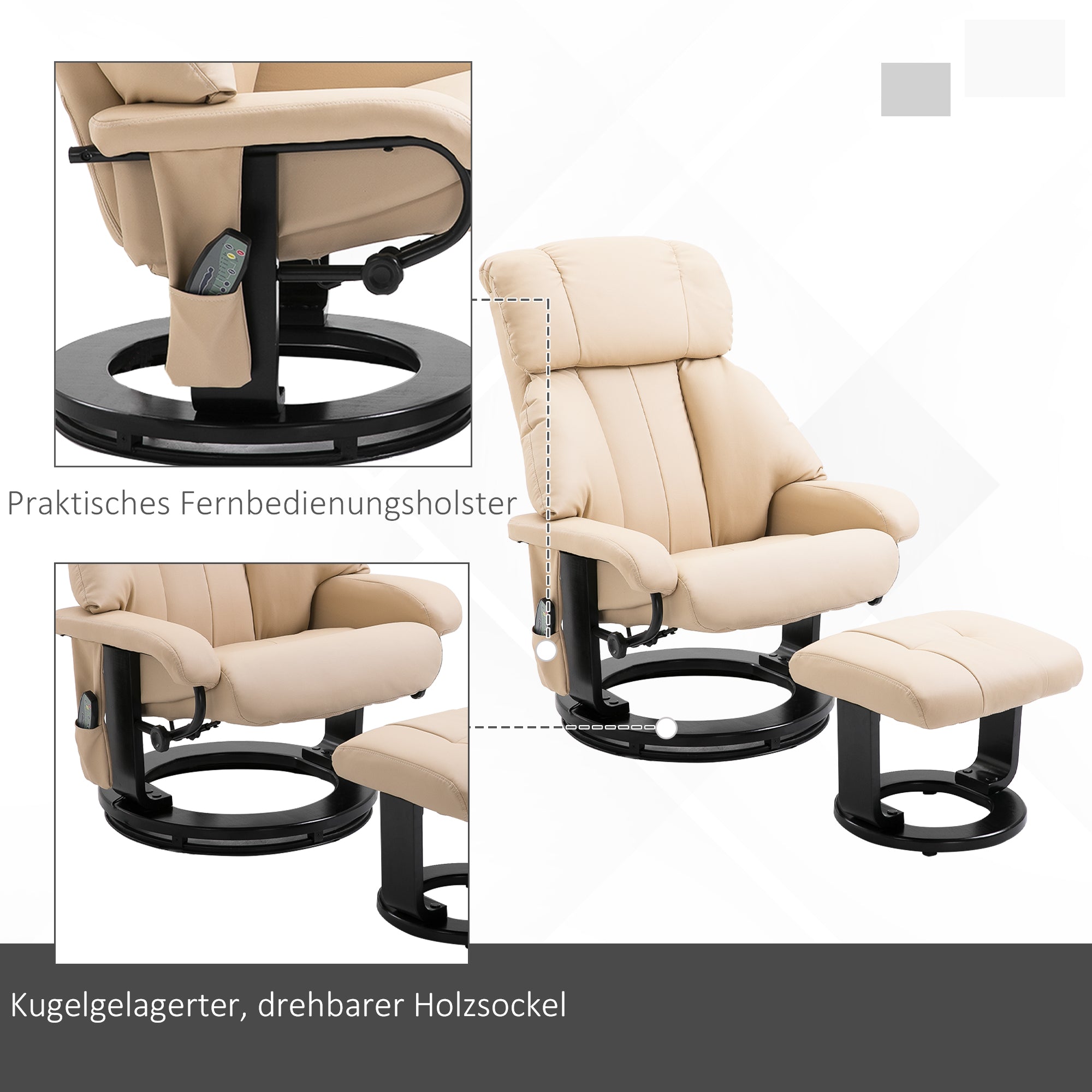 HOMCOM Relaxsessel mit Hocker, drehbarer Fernsehsessel mit Massagefunktion, Liegefunktion, Massagesessel mit Fernbedienung, Seitentasche, Ruhesessel aus Kunstleder für Wohnzimmer Cremeweiß