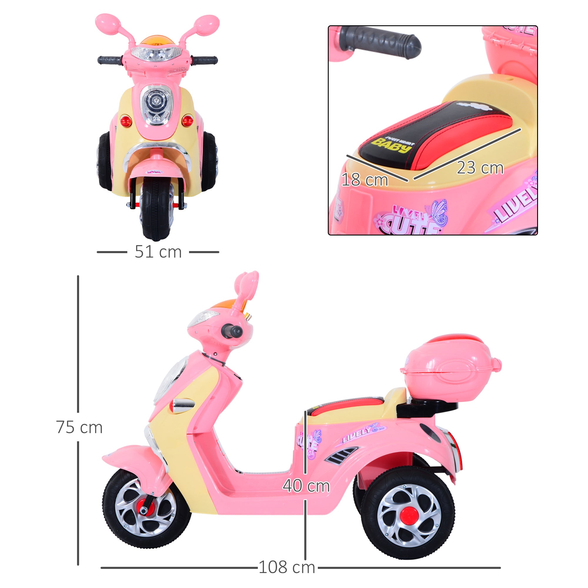 HOMCOM Elektro Kindermotorrad Elektromotorrad Kinderelektroauto Kinderfahrzeug Dreirad, 6V, Metall+PP, 108x51x75cm (Rosa+Gelb)