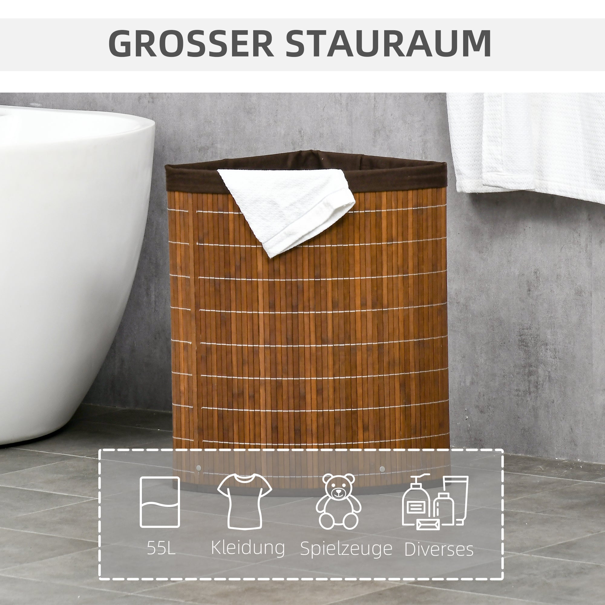 HOMCOM Wäschekorb Wäschesammler, 55L Fassungsvermögen, abnehmbarer Deckel, 38 cm x 38 cm x 57cm, Braun