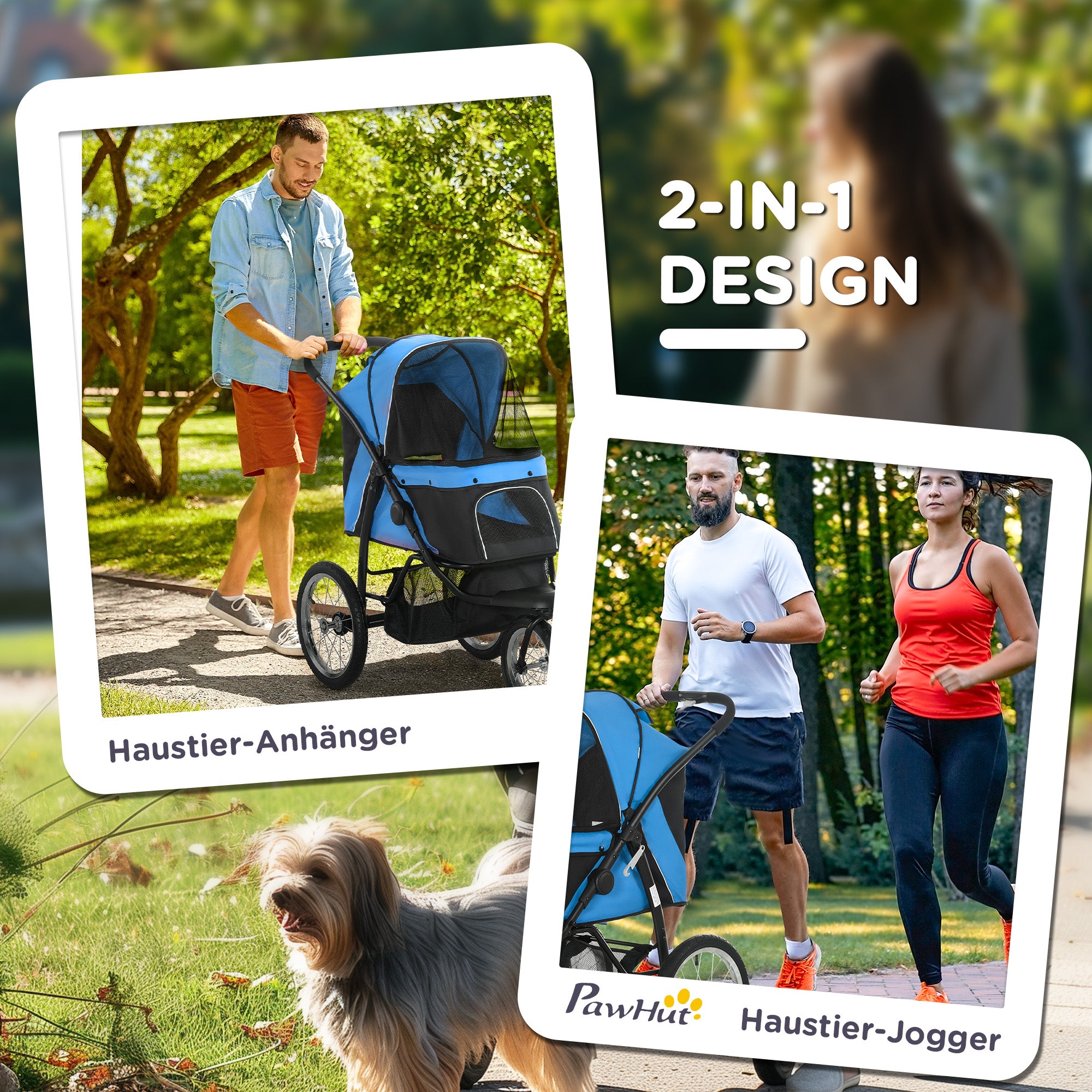 PawHut Hundewagen Hundetrolley mit Jogger-Funktion bis 20 kg Klappbar Netzfenster, Ablagekorb, Blau, 111 x 58 x 107 cm