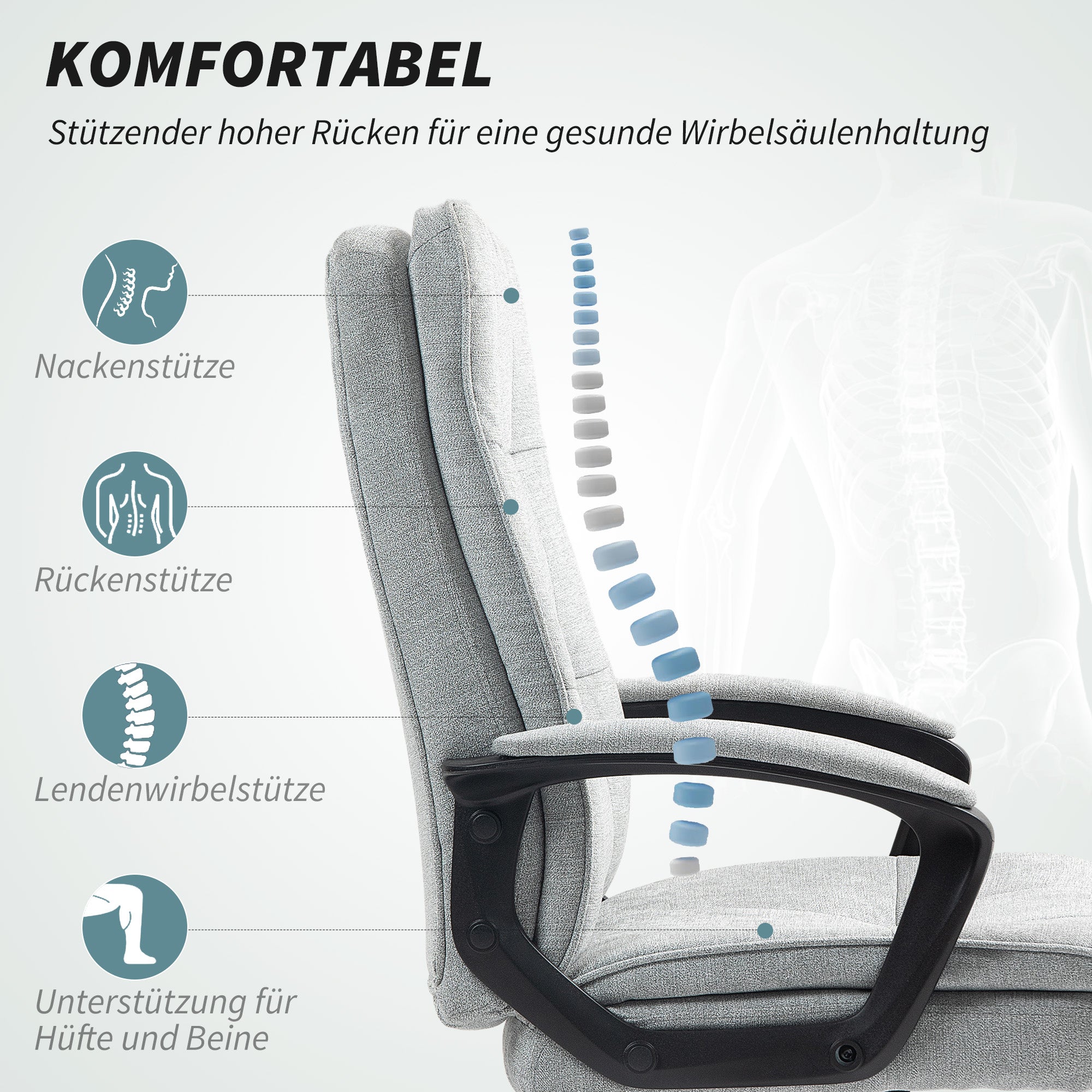 HOMCOM Bürostuhl, Schreibtischstuhl, Kippfunktion, höhenverstellbar, bis 120 kg, Grau