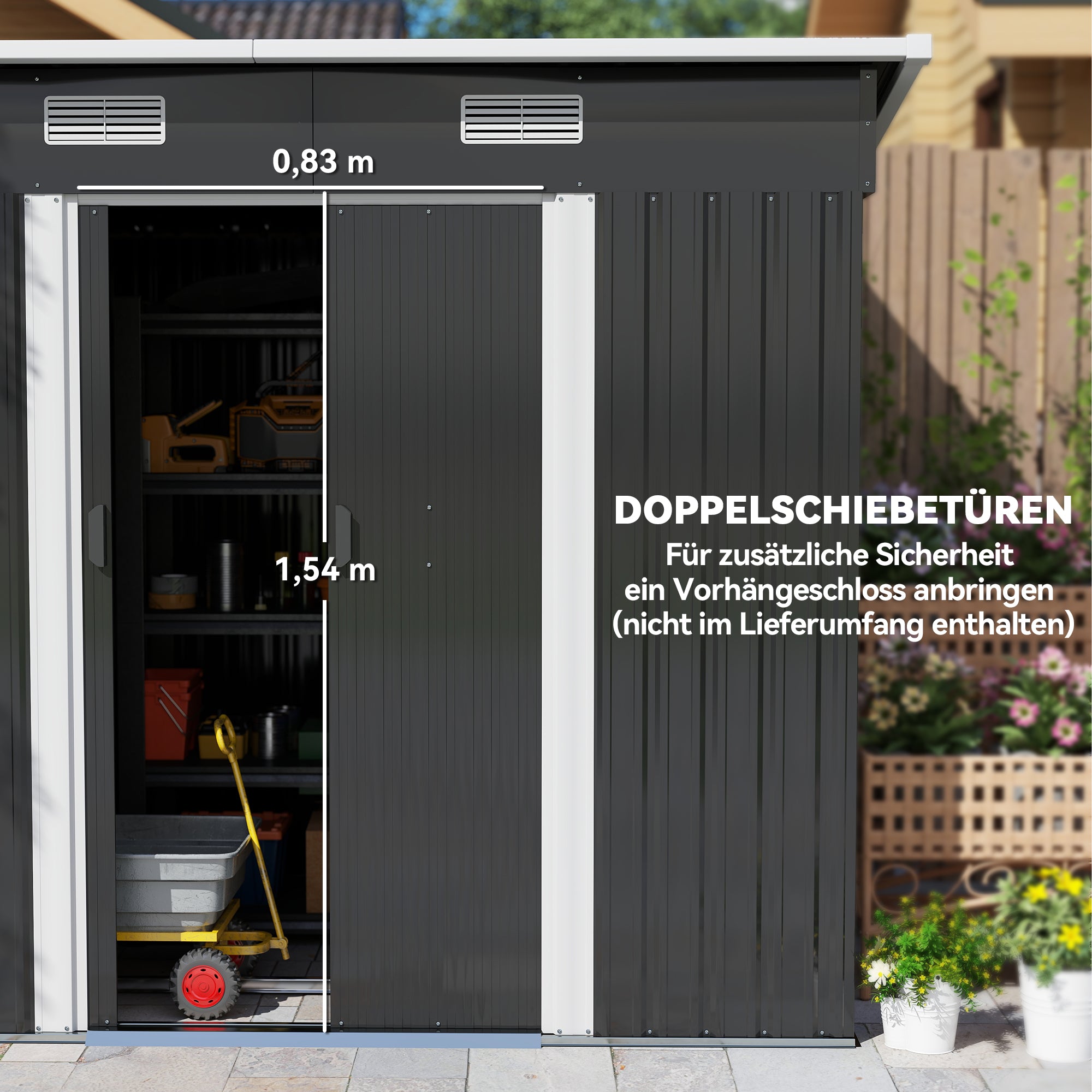 Outsunny Gerätehaus Metall 2,3 m² 207 x 130 x 182 cm Geräteschuppen mit Pultdach Fenster Bodenrahmen Schwarz
