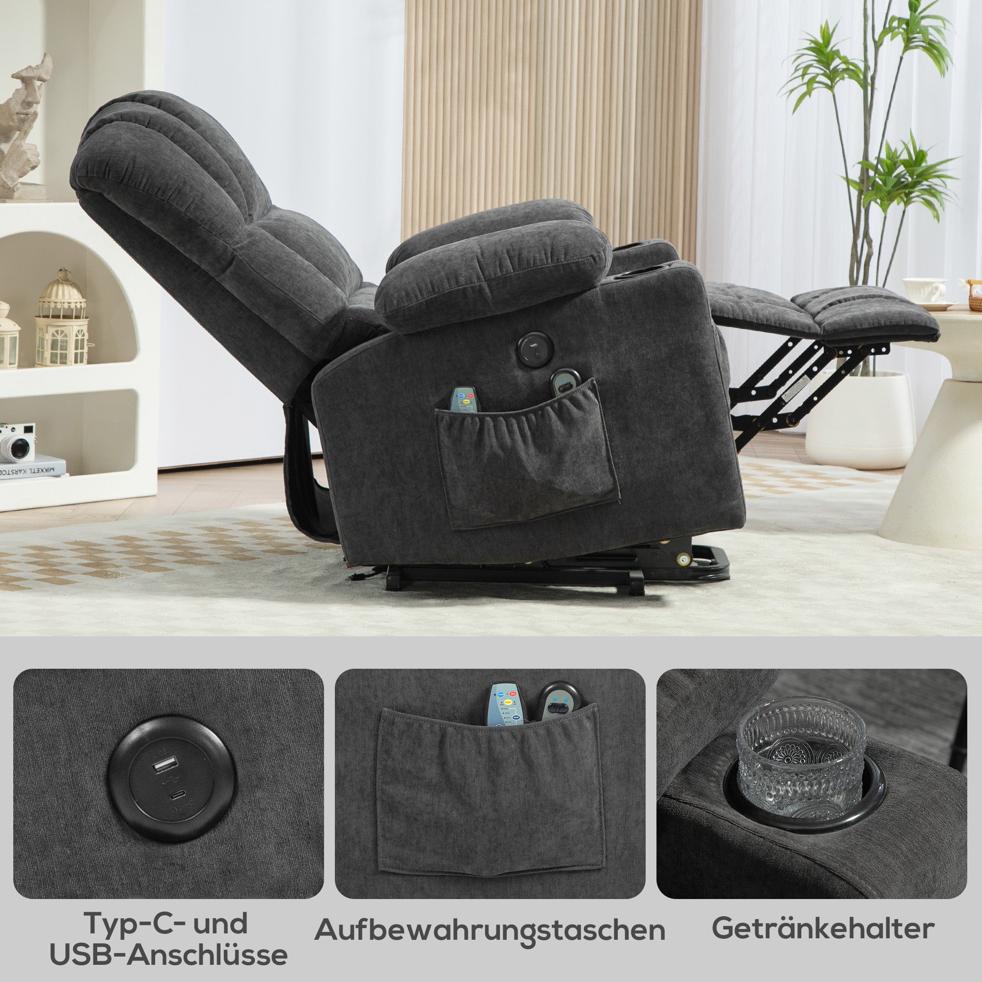 HOMCOM Elektrischer Power Lift Aufsteh-Sessel mit Massage- und Wärmefunktion, USB-Anschlüssen, Becherhaltern, Dunkelgrau