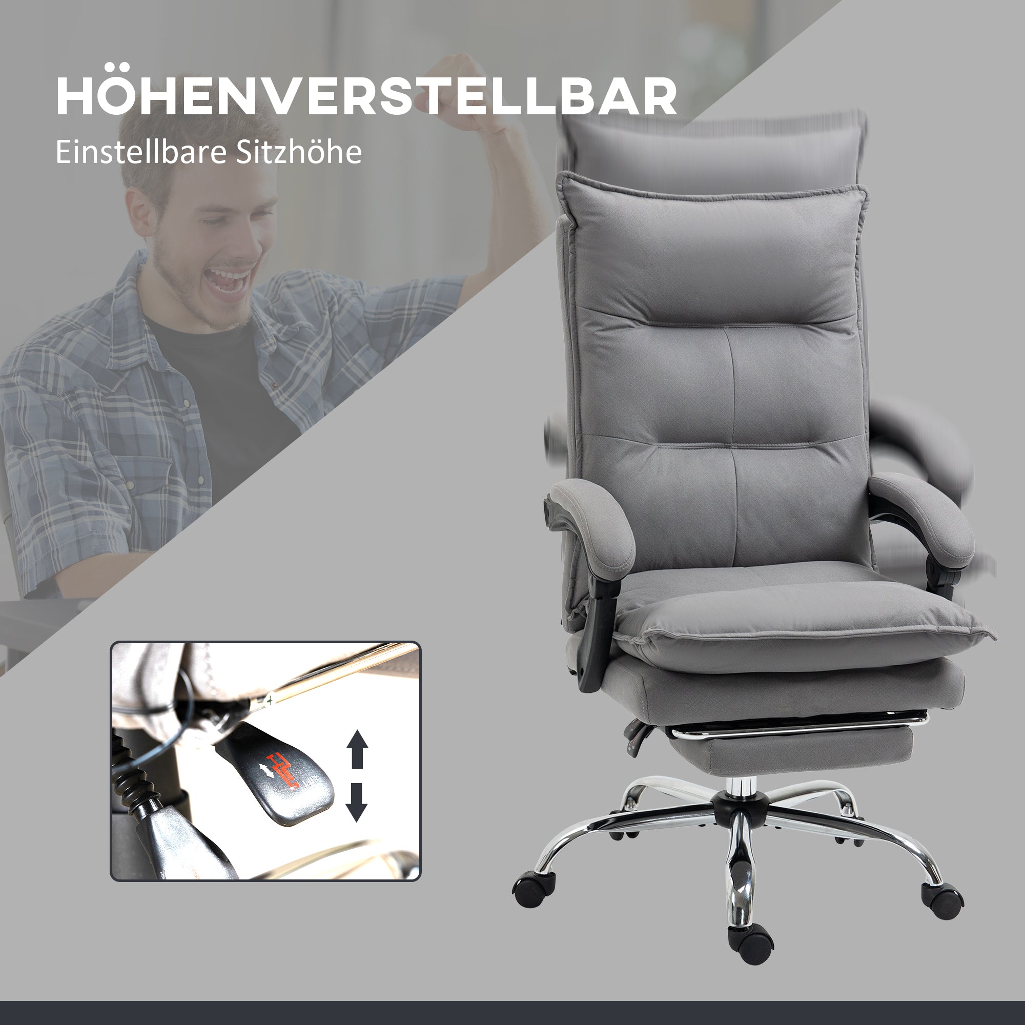 Vinsetto Bürostuhl mit Massagefunktion, Heizfunktion, Fernbedienung, ausfahrbare Fußstütze, neigbar, grau