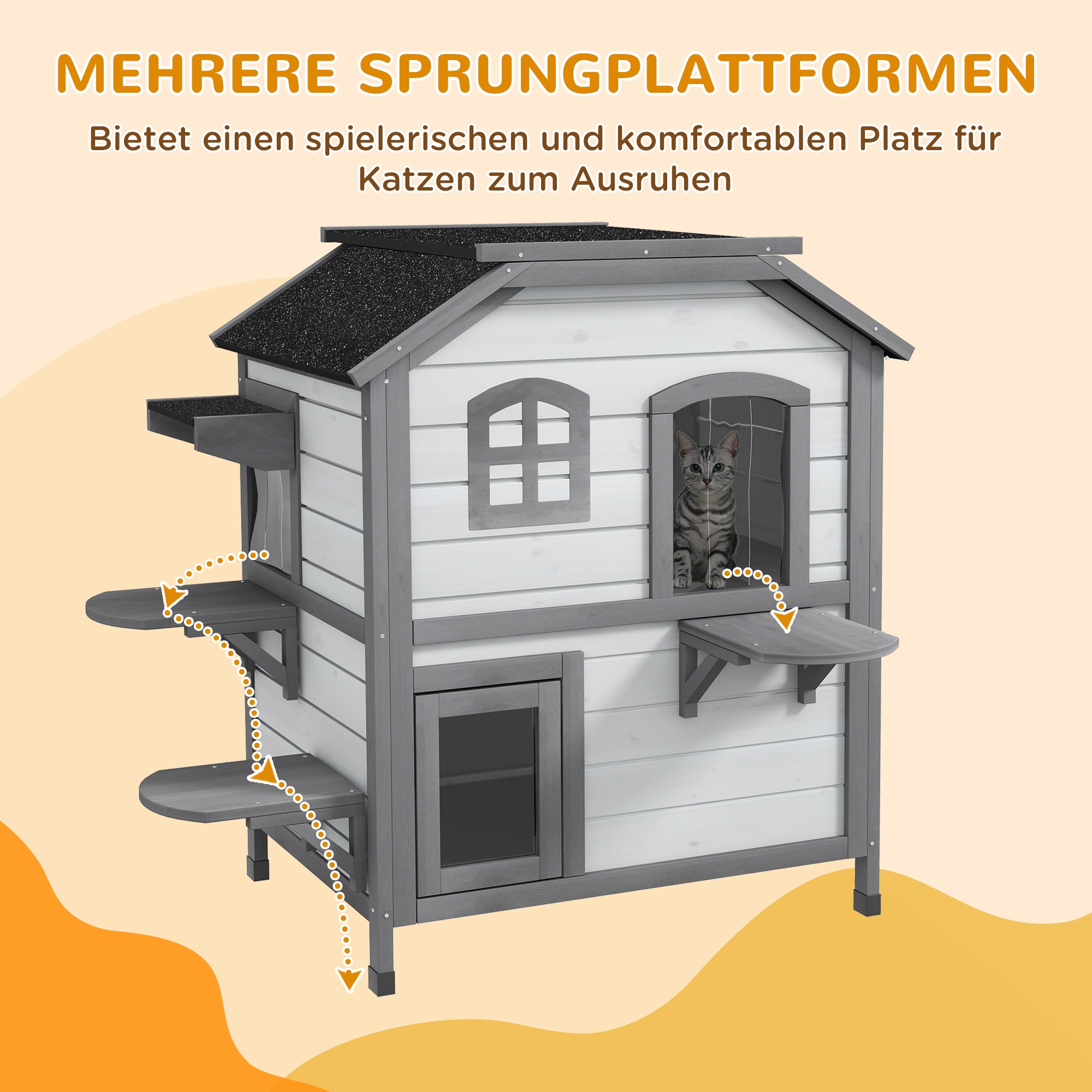 PawHut Katzenhaus Katzenhütte Katzenhöhle, 2 Stockwerke, wetterbeständig, 78,1 cm x 55,2 cm x 90,8 cm, Weiß + Grau