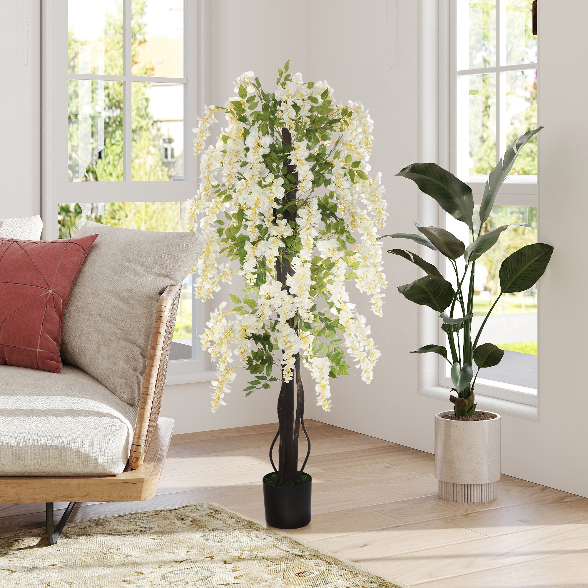 Outsunny Künstliche Glyzinien groß 165cm Kunstpflanze, Plastik Künstliche Pflanzen Kunstblumen im Topf, Fake Plant wie echt für Büro Wohnzimmer Schlafzimmer Moderne Dekoration Geschenk