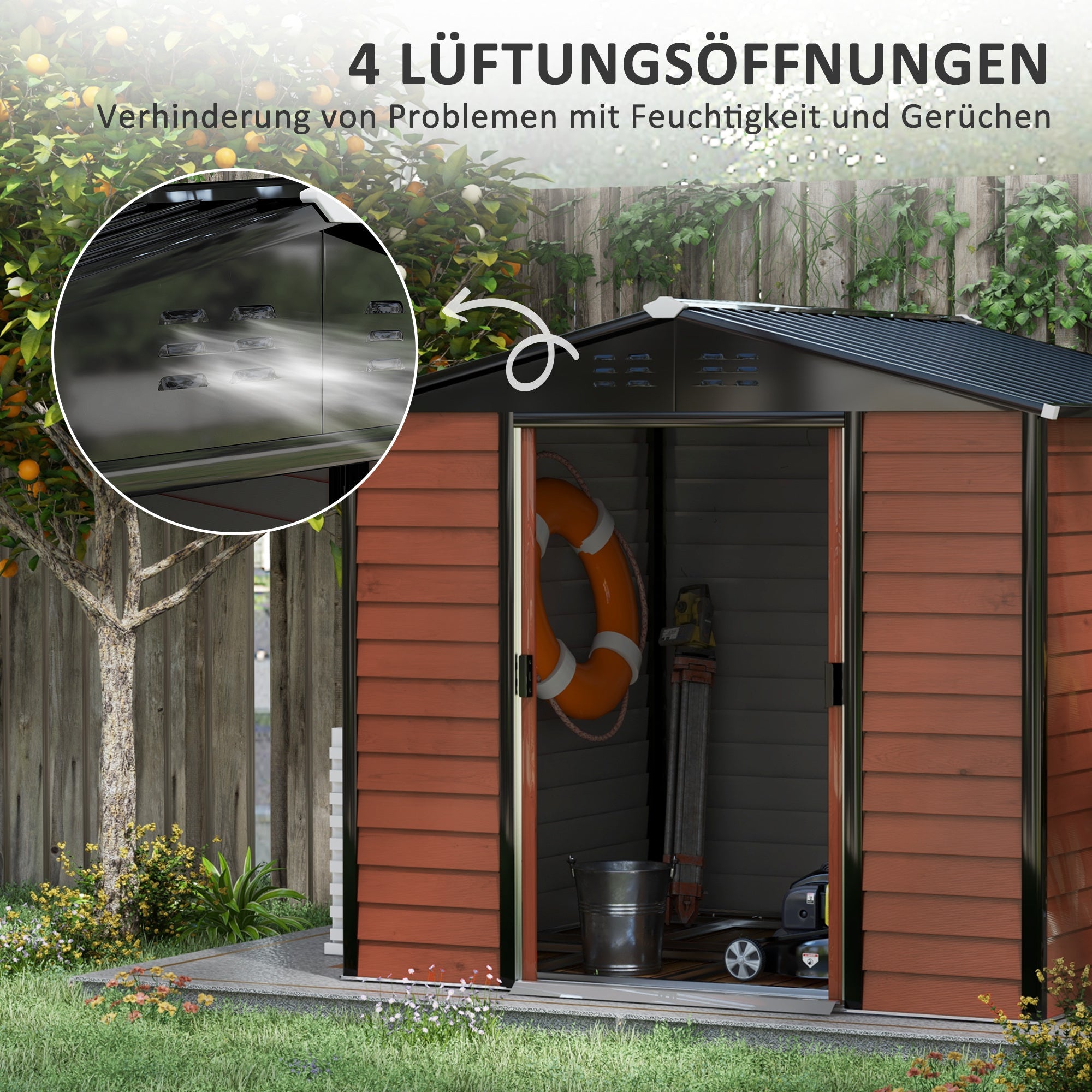 Outsunny Geräteschuppen aus Metall, wetterfest & rostfrei, abschließbar,  2,40 x 2,06 x 1,98 m, Teak