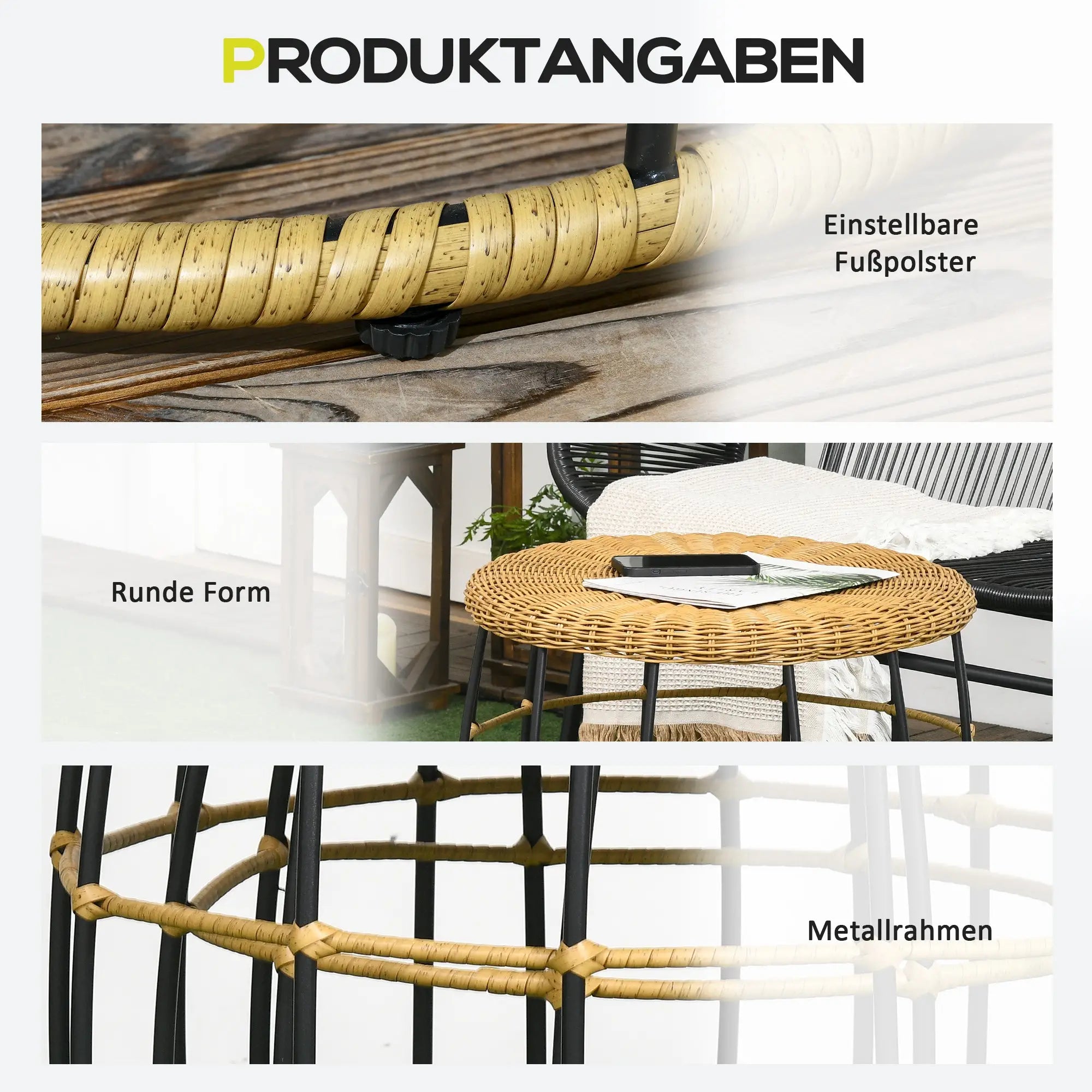 Outsunny 2er-Set Gartentische Balkontische, Boho-Stil, wetterbeständig, Schwarz + Khaki