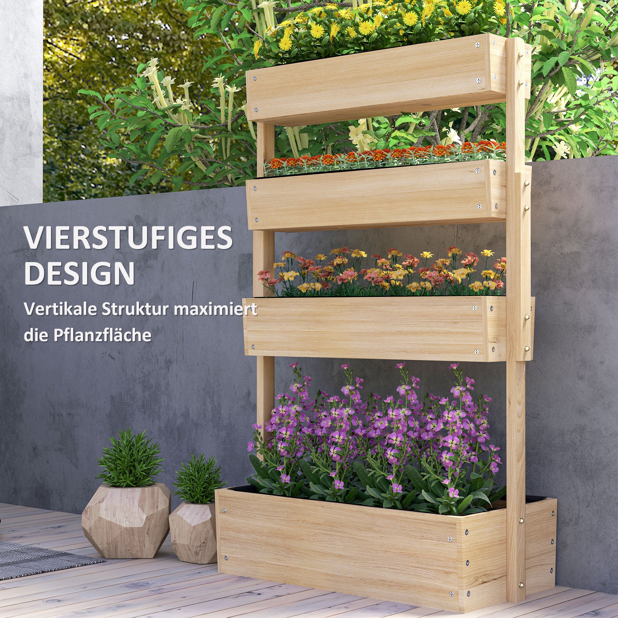Outsunny Hochbeet Holz, 4 Ebene Pflanzbeet mit Entwässerungslöcher Frühbeet Gartenbeet 88,5 x 45 x 140 cm Naturholz