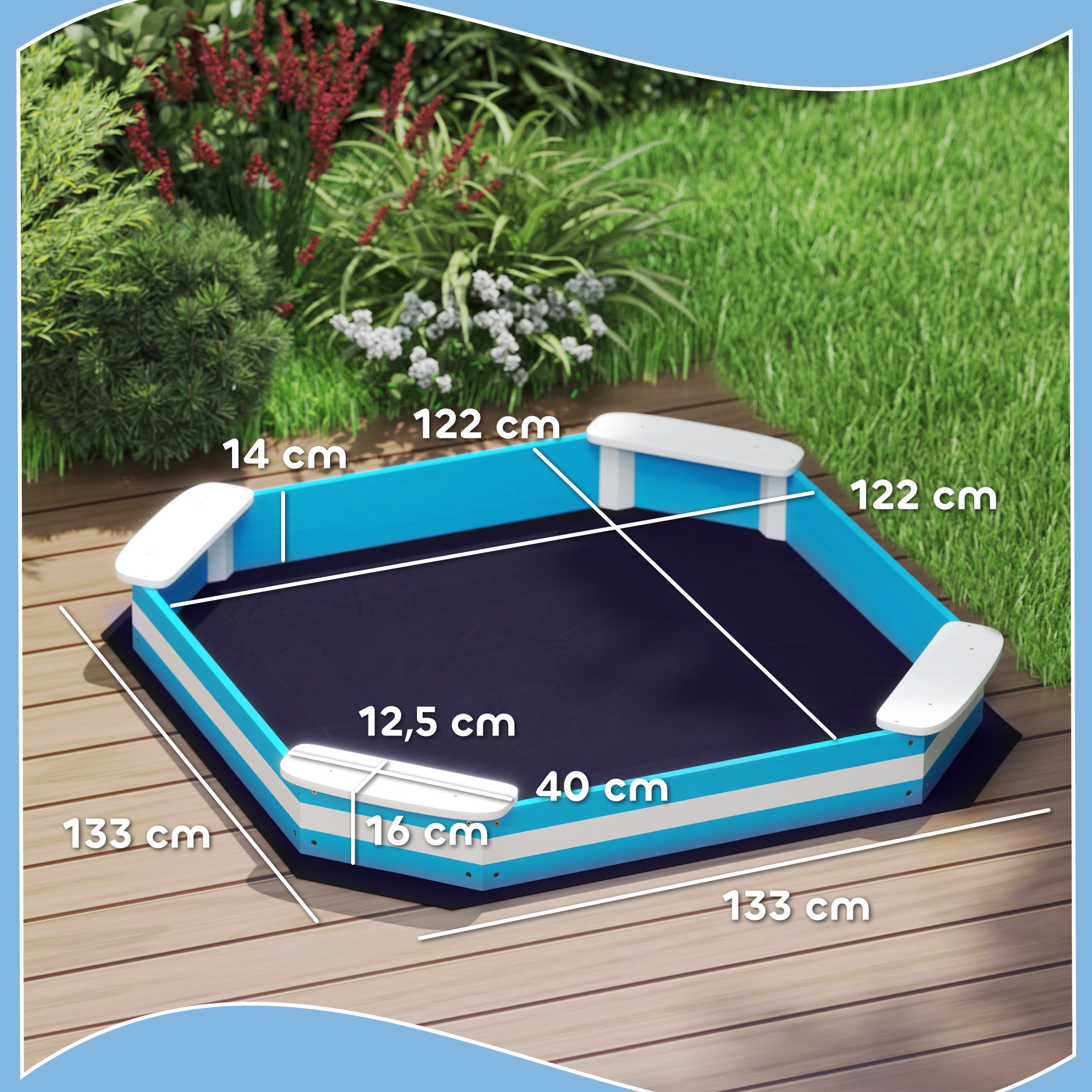 AIYAPLAY Sandkasten für Kinder, Sandkiste mit 4 Sitzen, Fichtenholz, bodenlos, Blau