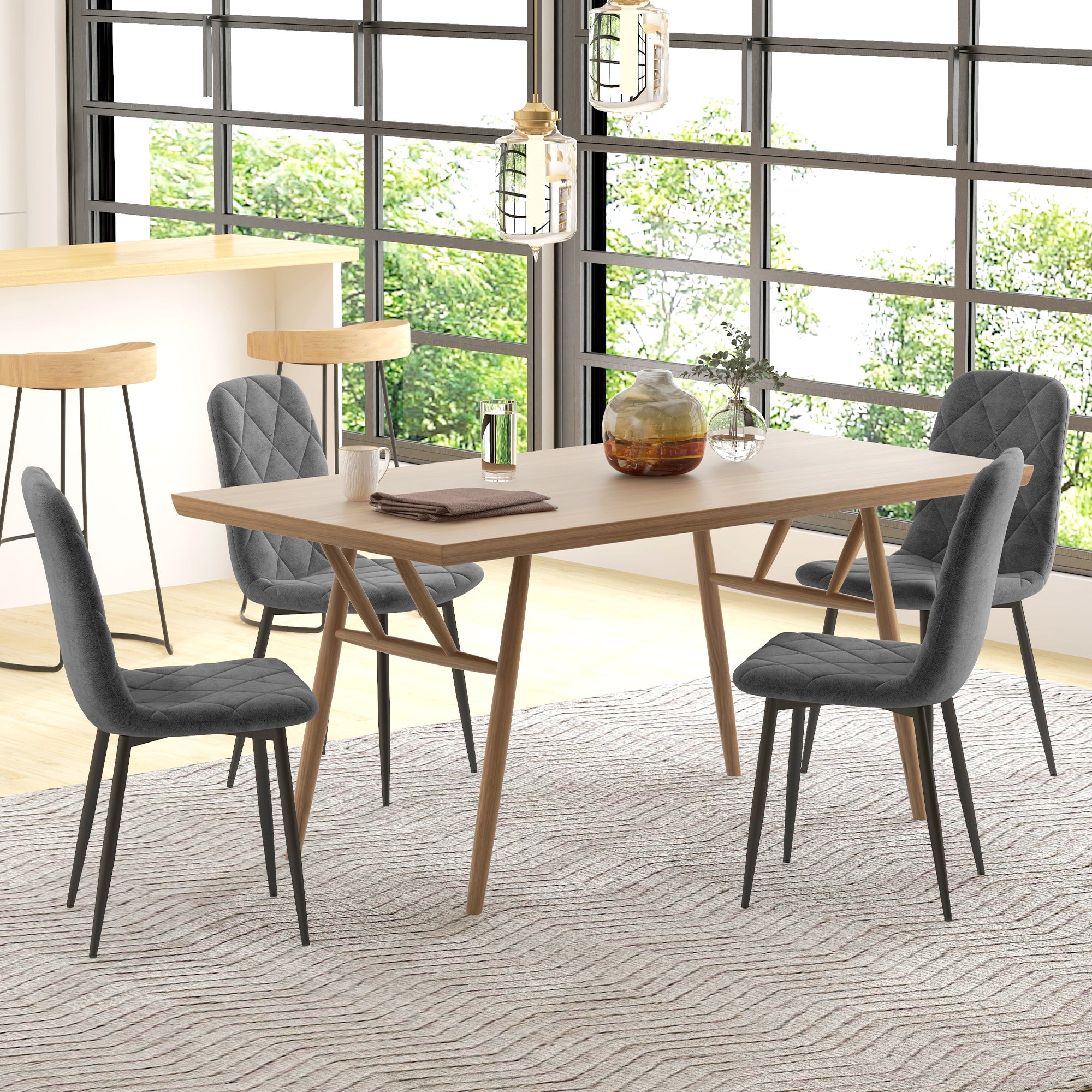 HOMCOM Esszimmerstühle, 4er-Set Küchenstühle mit Rückenlehne, Samtoptik, Polsterstühle mit Metallbeinen, für Esstisch, Grau
