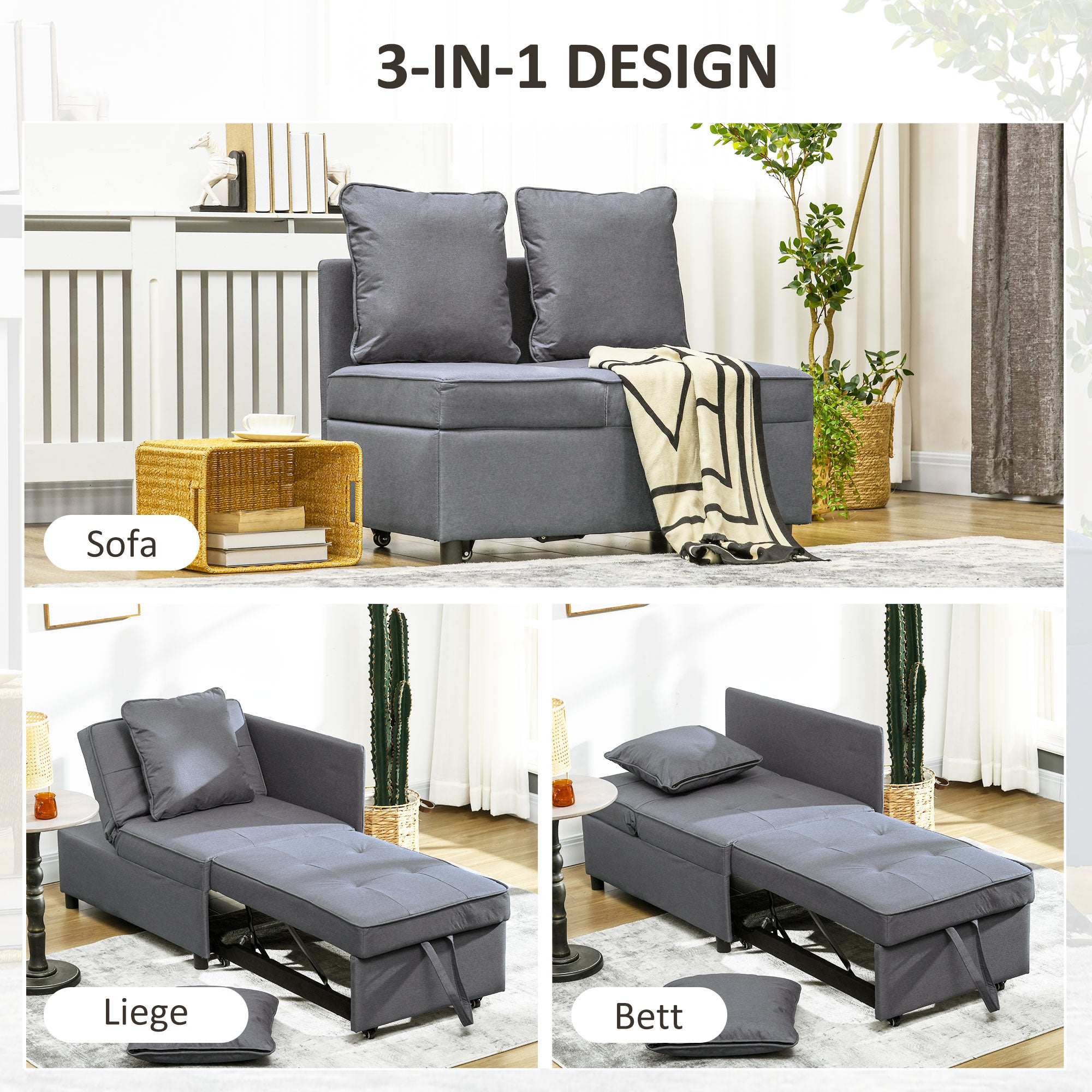 HOMCOM Schlafsessel, 2-Sitzer-Sessel mit Bettfunktion, klappbarer Polstersessel mit 2 Kissen, Bezug in Leinenoptik, Dunkelgrau
