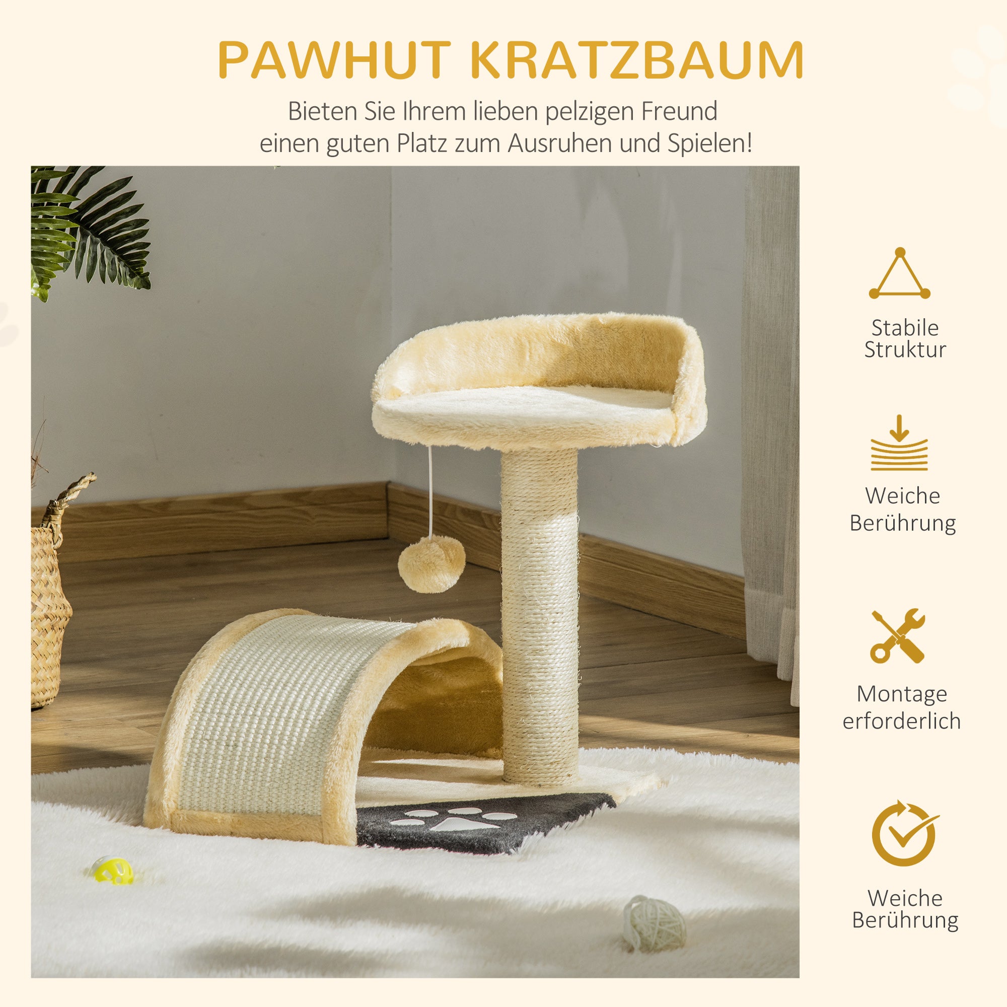 PawHut Kratzbaum Katzenbaum mit Spielbällen Katzenkratzbaum Sisalseil-Kratzstangen Beige 35,5 x 37 x 46 cm