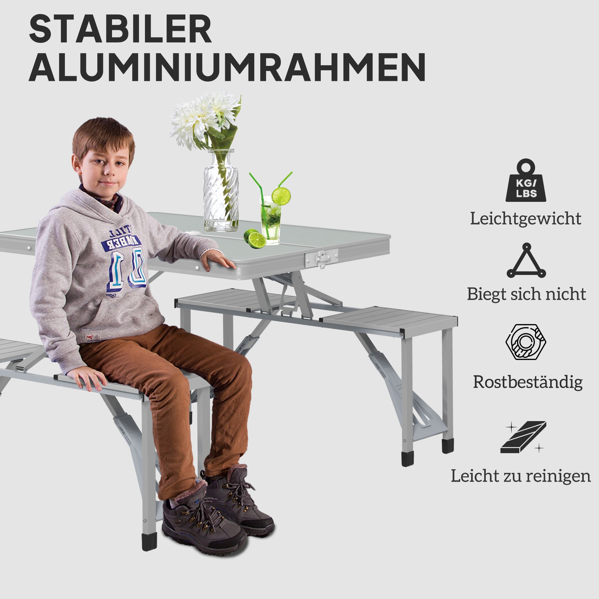 Outsunny Campingtisch Klapptisch mit 4 Stühle Klappbarer Gartentisch aus Aluminium 85,5 x 135cm Grau
