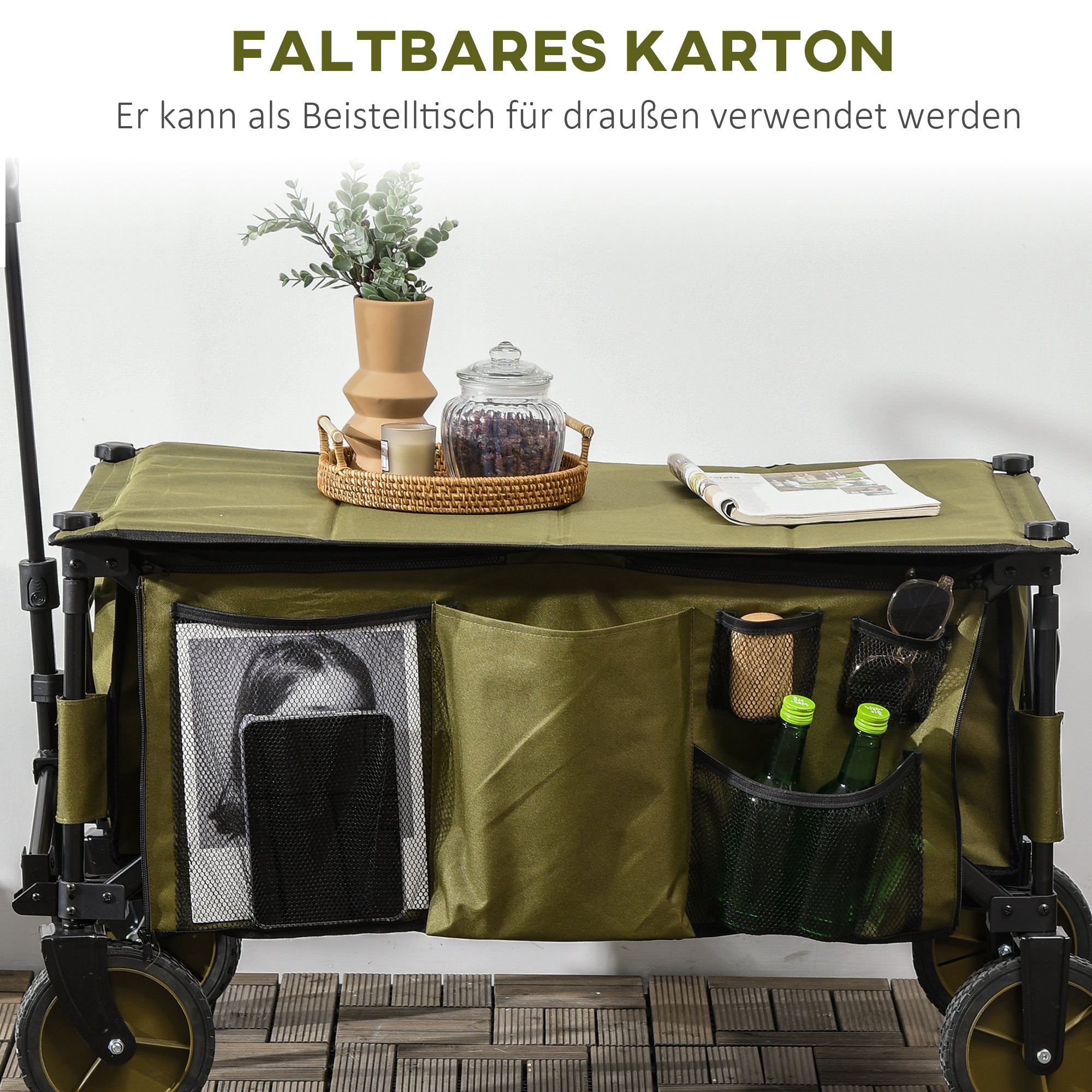 Outsunny Bollerwagen, klappbar, 5 Seitentaschen, verstellbarer Griff, bis 120 kg belastbar, Stahl, 108 x 55 x 93 cm, Grün