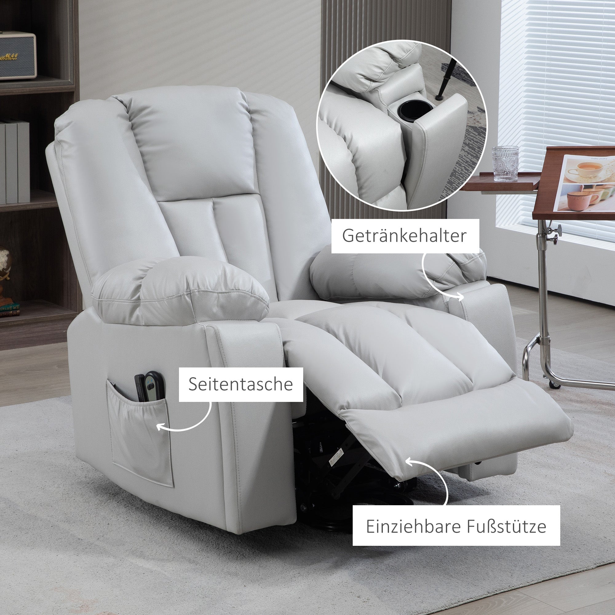 HOMCOM Massagesessel Relaxsessel Seniorensessel, Fernbedienung, Seitentaschen, 94 cm x 96 cm x 106 cm, Grau