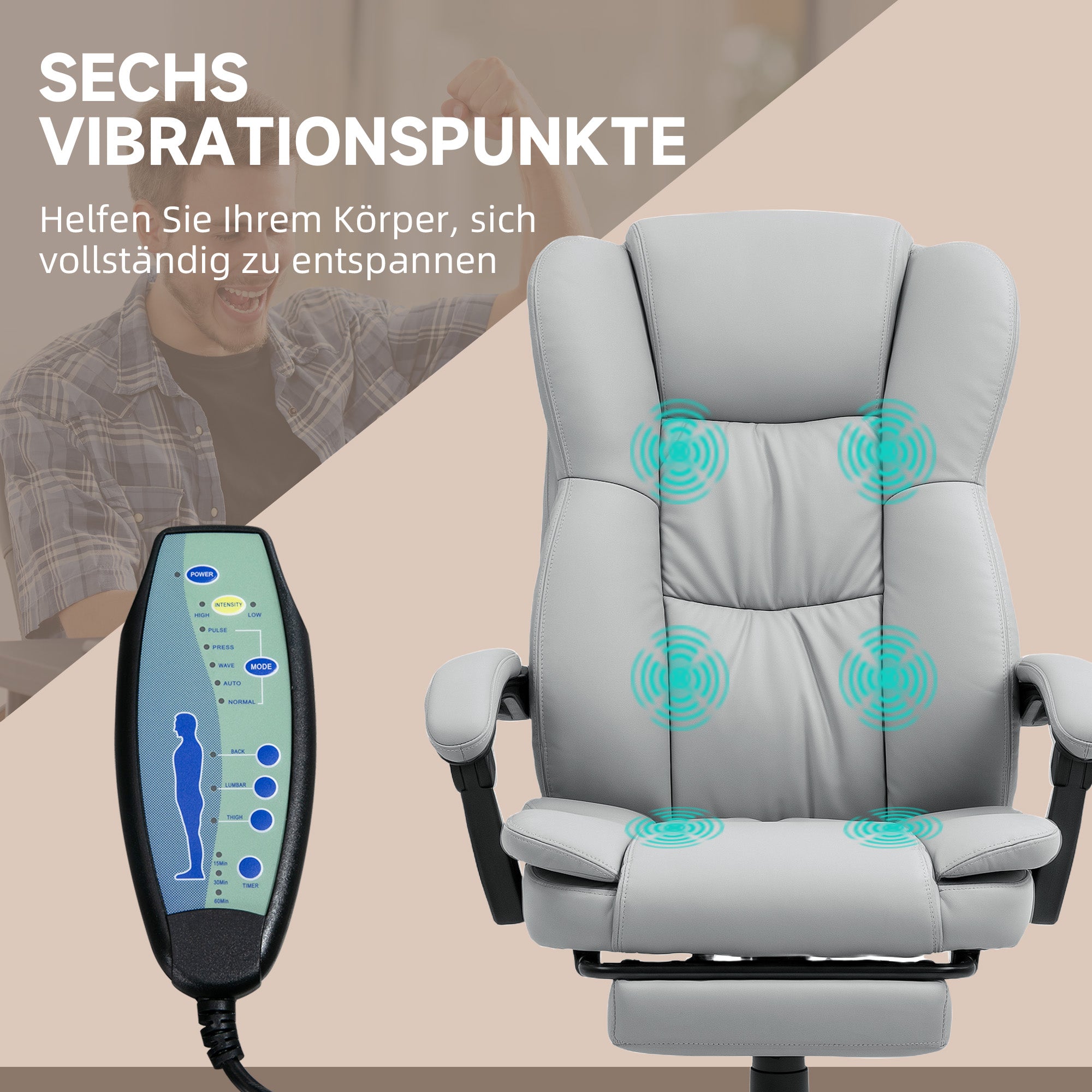 Vinsetto Verstellbarer Drehstuhl mit Fußstütze, Kopfstütze, Massagefunktion, Kunstleder, 68,5x68,5x113-121cm