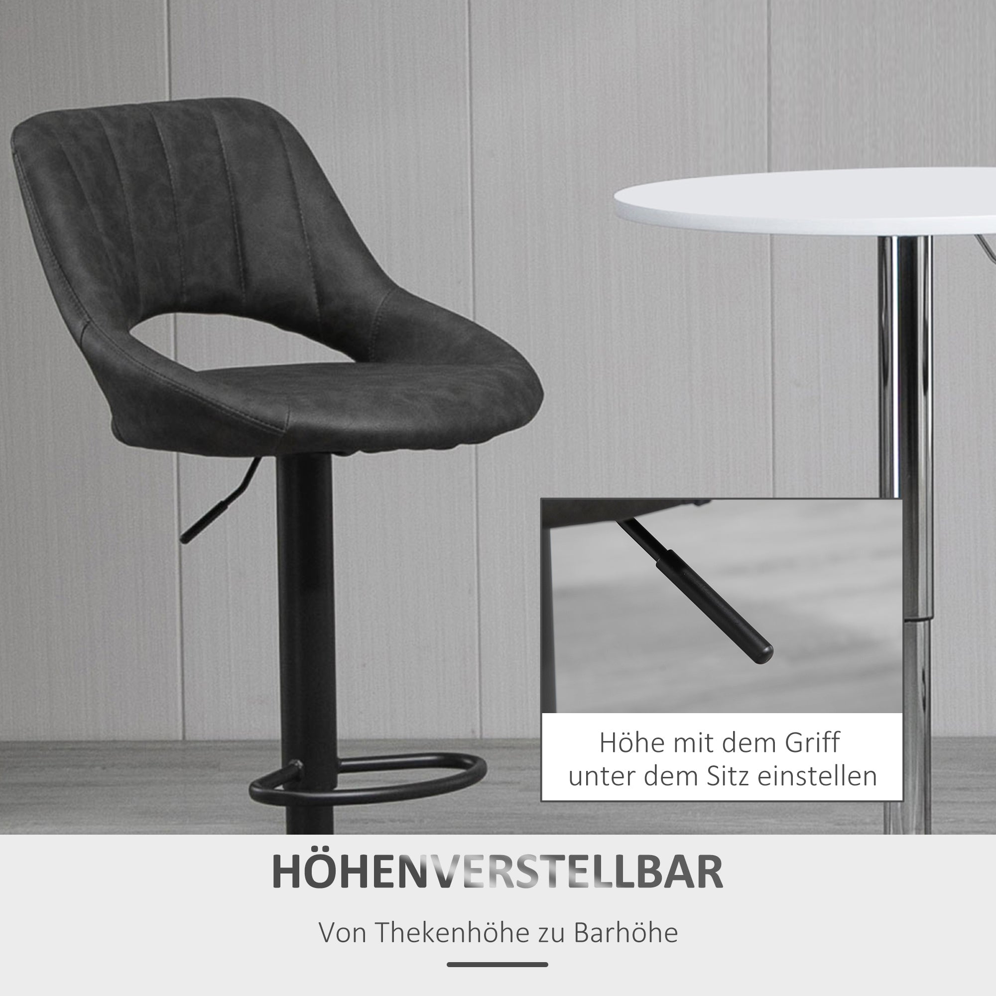 HOMCOM Barhocker 2er-Set, Lederoptik, drehbar, höhenverstellbar, Fußstütze, Metallrahmen, 44 x 49 x 90-110 cm, Grau