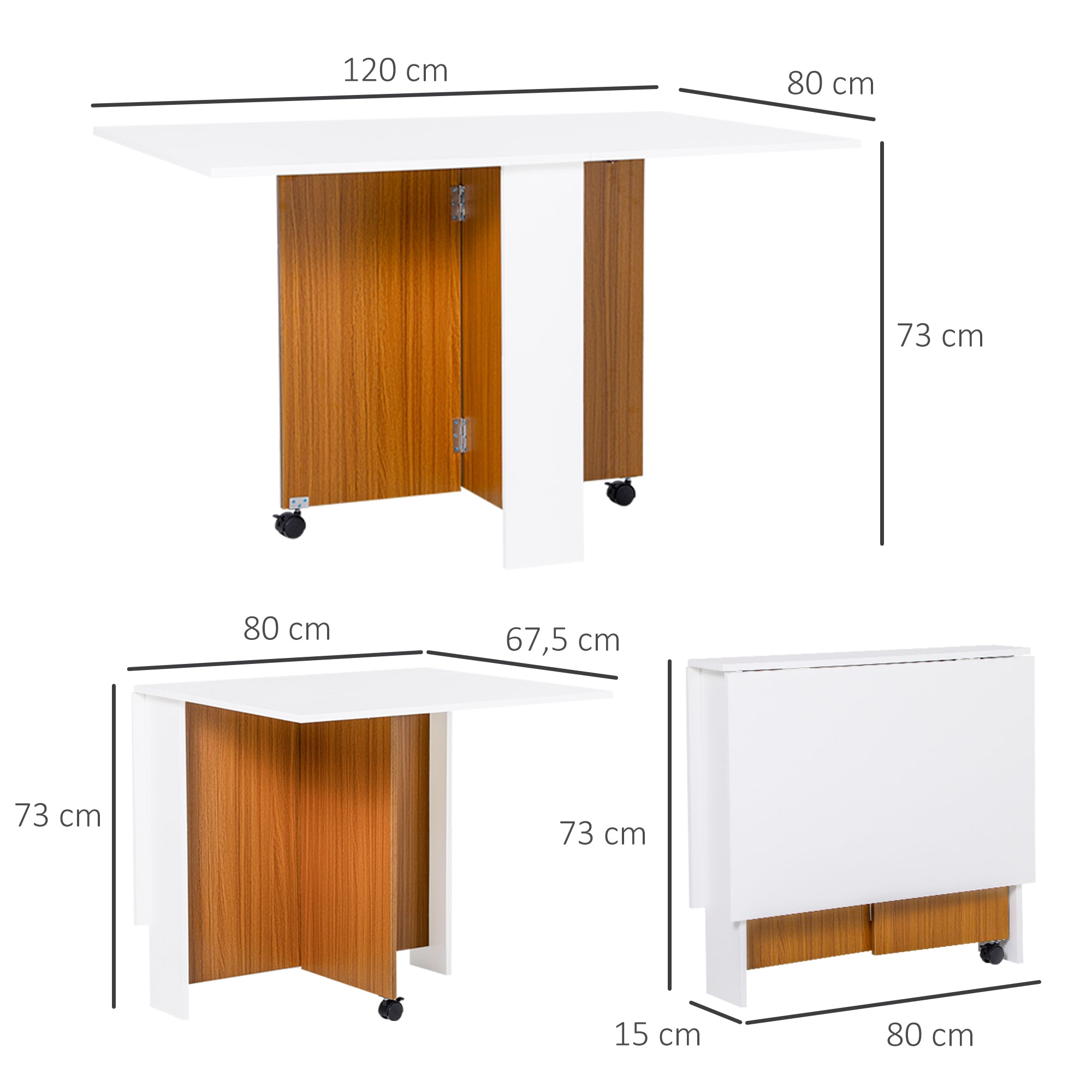 HOMCOM Ausklappbarer Esstisch Ausziehbarer Esstisch, mobil, modernes Design, 120 cm x 80 cm x 73 cm, Teak + Weiß