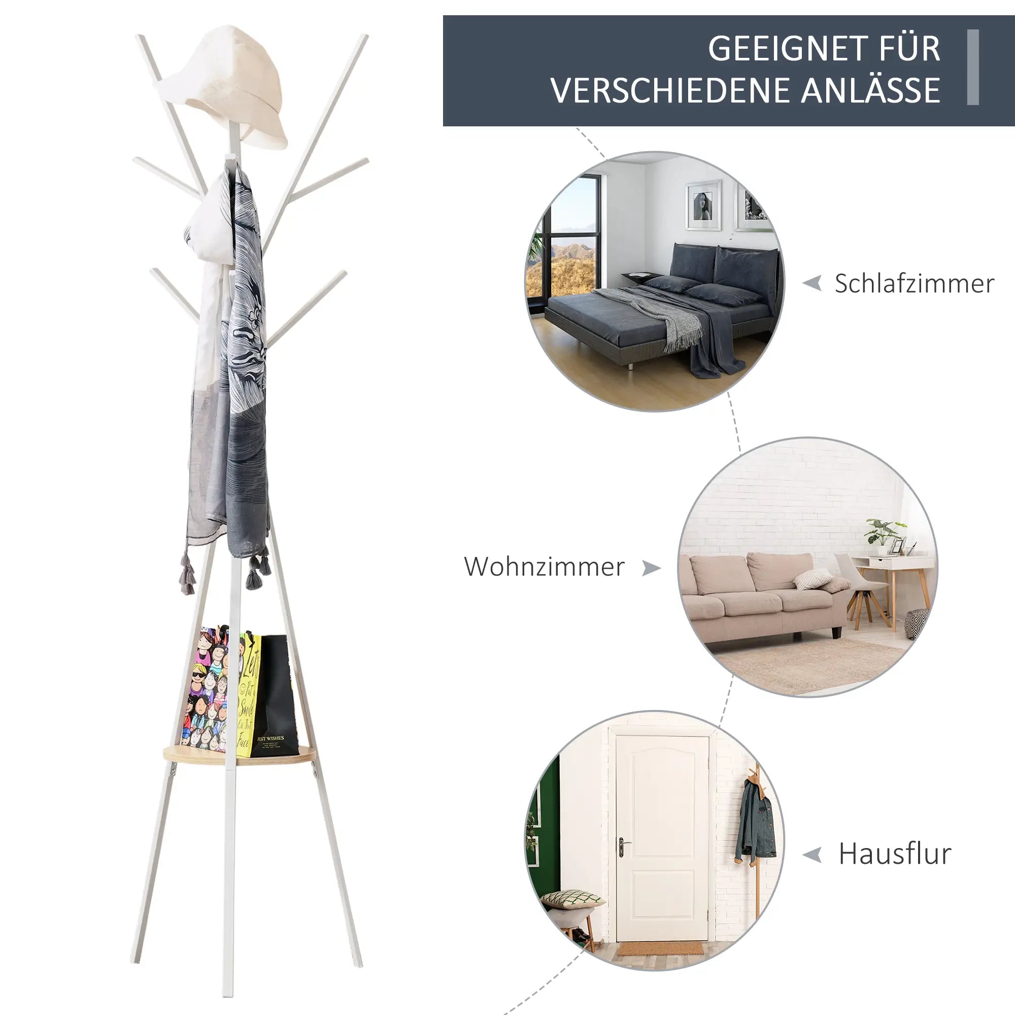 HOMCOM Garderobenständer, Kleiderständer mit 8 Haken, Garderobe mit Ablage, Standgarderob für Kleidung, Hüte, Taschen, Metall, Weiß, 45 x 45 x 180 cm