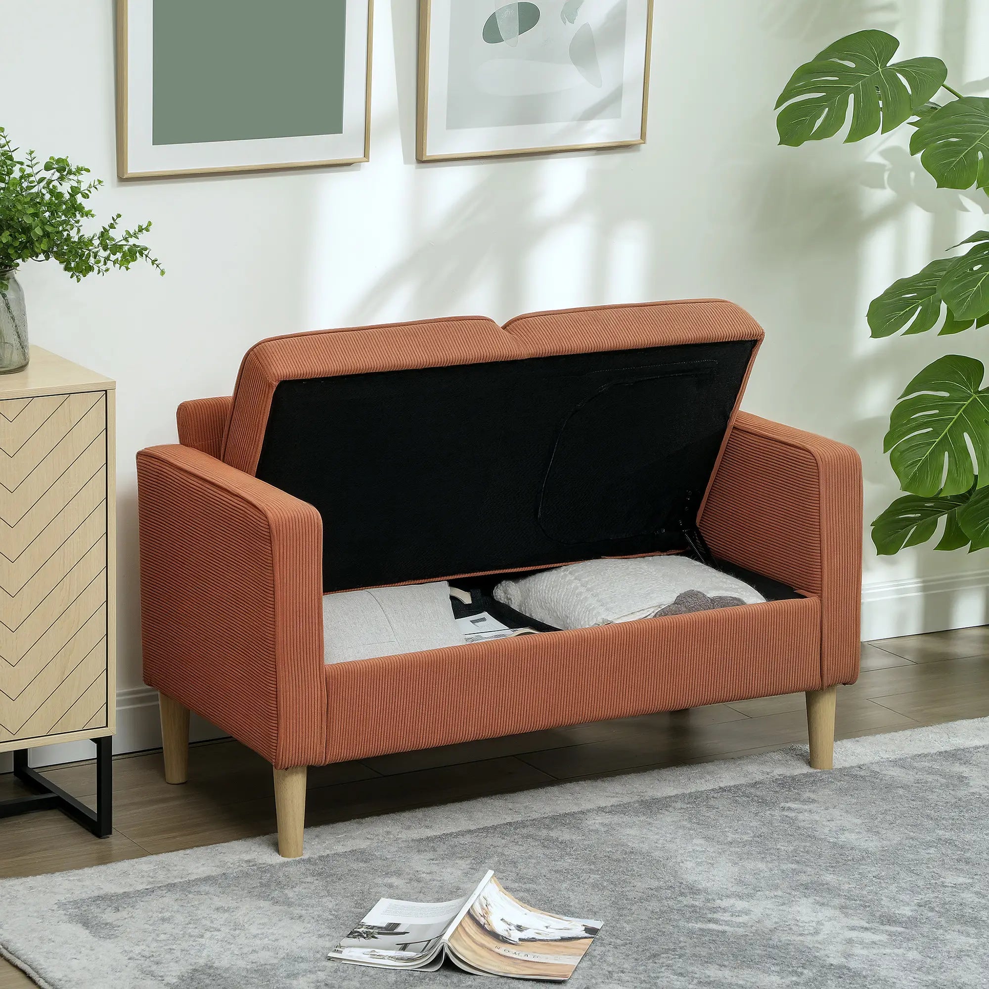 HOMCOM Zweisitzer-Sofa mit Stauraum und soliden Holzbeinen, für Wohnzimmer, Schlafzimmer, 117 x 63 x 79 cm, Orange