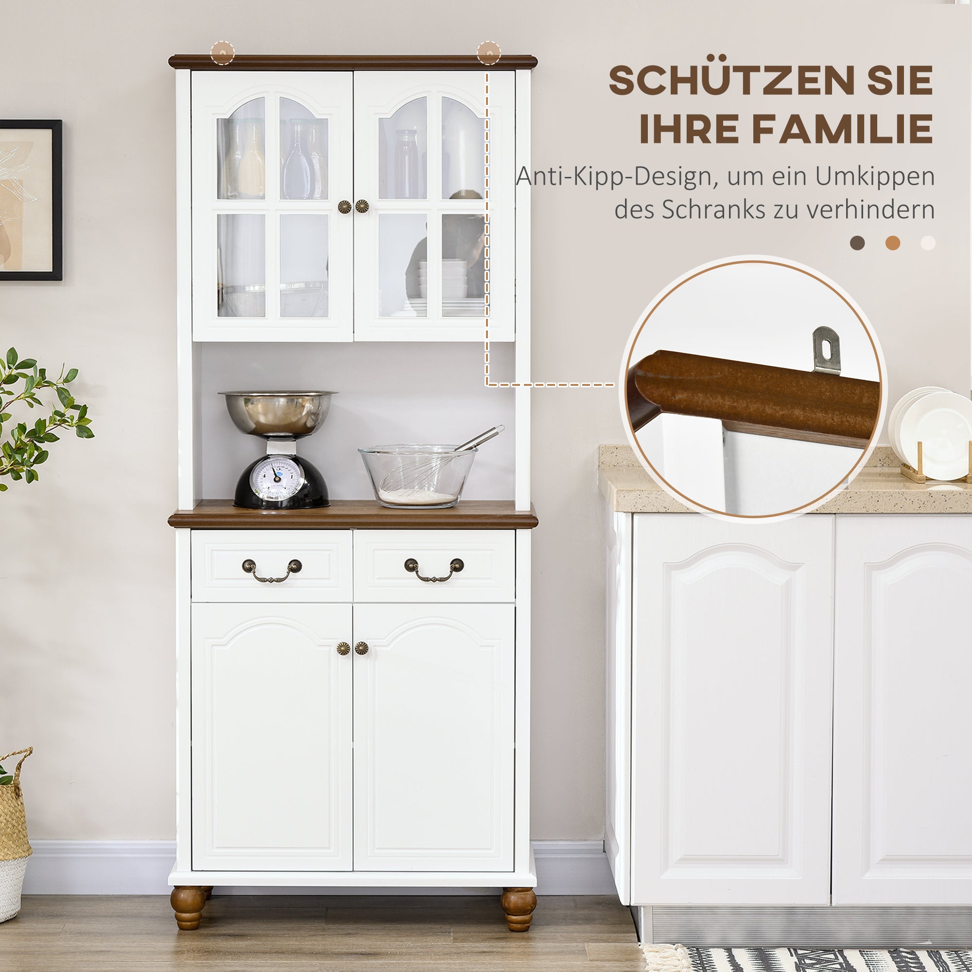 HOMCOM Küchenschrank, Buffet, 2 Schubladen, 2 Schrankfächer, klassisches Design, Weiß+Dunkelbraun, 76 x 38 x 182 cm