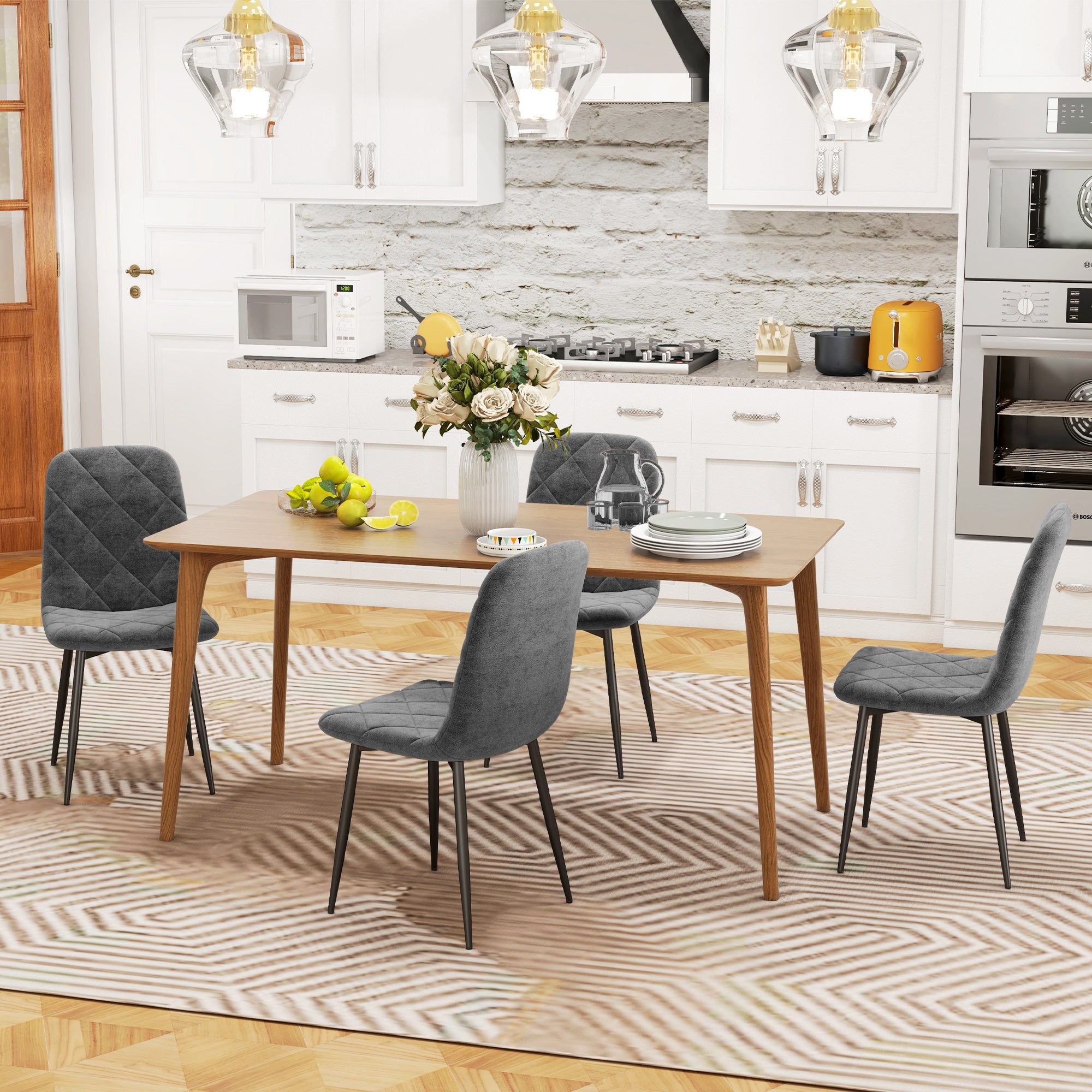 HOMCOM Esszimmerstühle, 4er-Set Küchenstühle mit Rückenlehne, Samtoptik, Polsterstühle mit Metallbeinen, für Esstisch, Grau