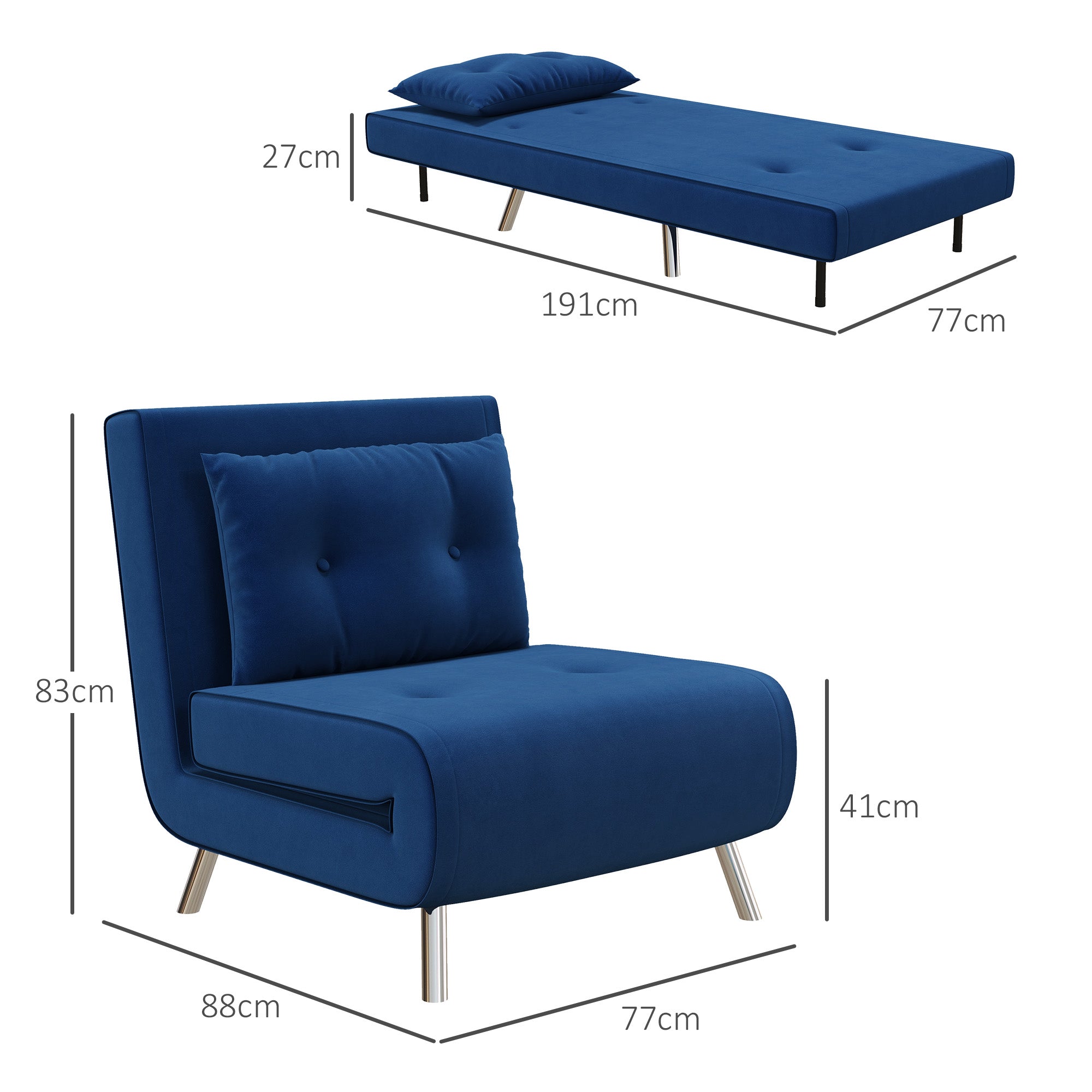 HOMCOM Liegesessel Sessel mit Liegefunktion Schlafsessel, Knopfheftung, Leinenoptik, 77 cm x 88 cm x 83 cm, Blau