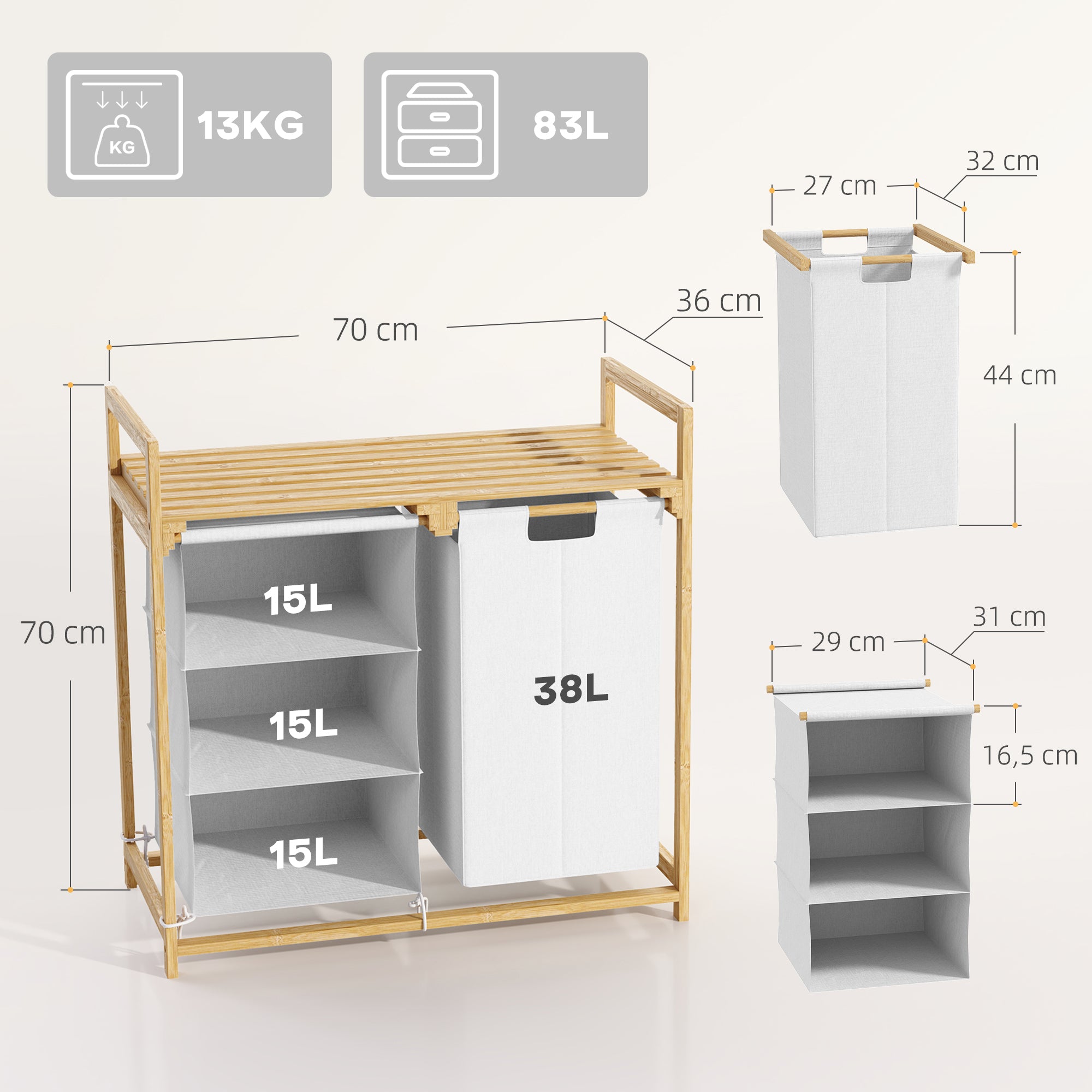HOMCOM Wäschekorb mit Wäschesack, Stoffschublade, Bambus, 70x36x70 cm, Weiß/Holz