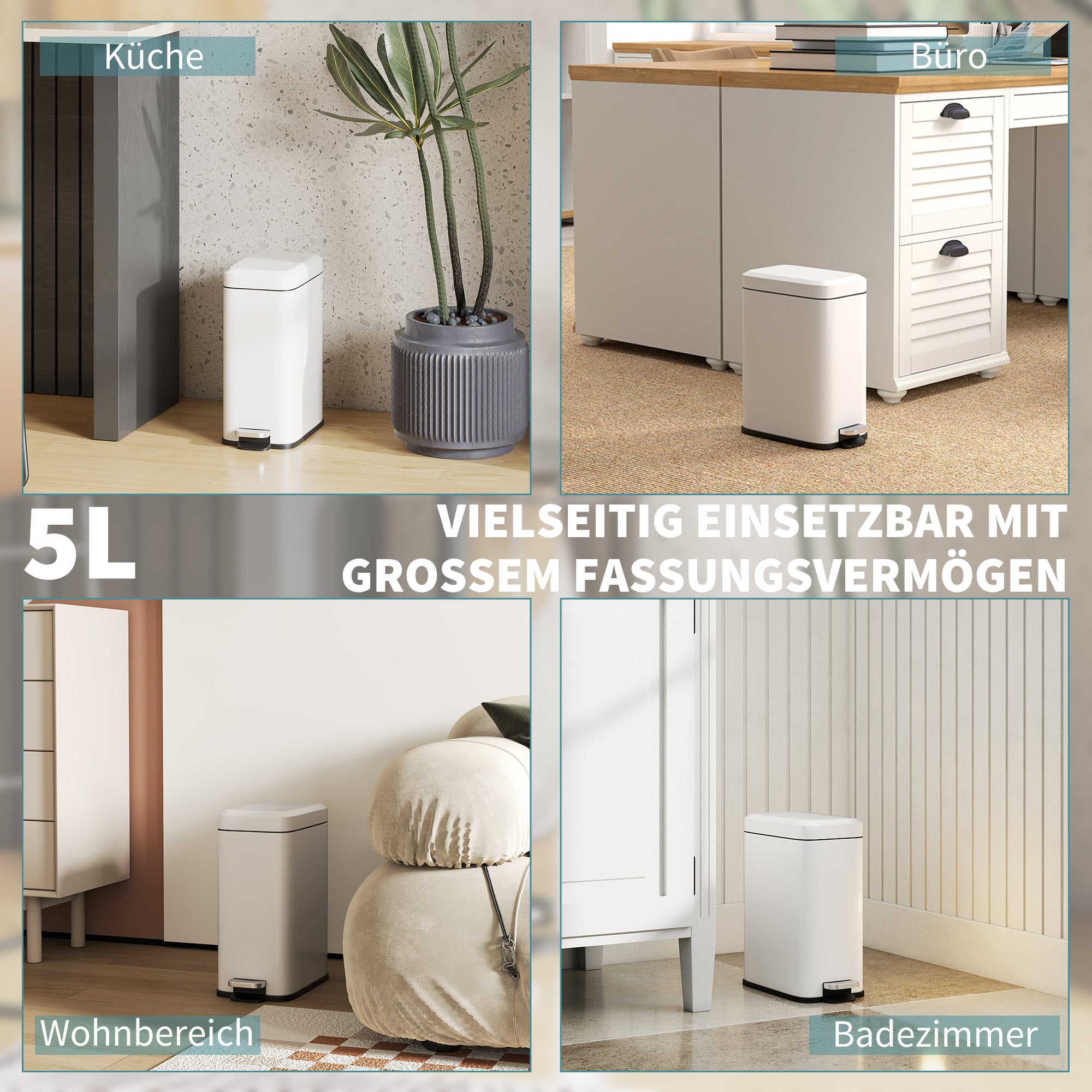 HOMCOM Mülleimer aus Metall, Abfalleimer, 5 L Fassungsvermögen, mit Fußpedal, mit Inneneimer, Weiß
